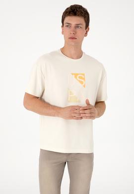 Erkek Comfort Fit Krem Bisiklet Yaka Tişört - 50299882027