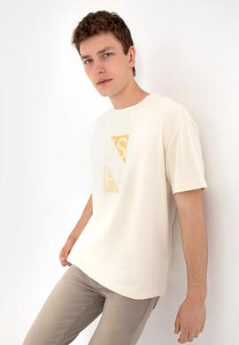 Erkek Comfort Fit Krem Bisiklet Yaka Tişört - 50299882027