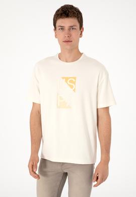 Erkek Comfort Fit Krem Bisiklet Yaka Tişört - 50299882027