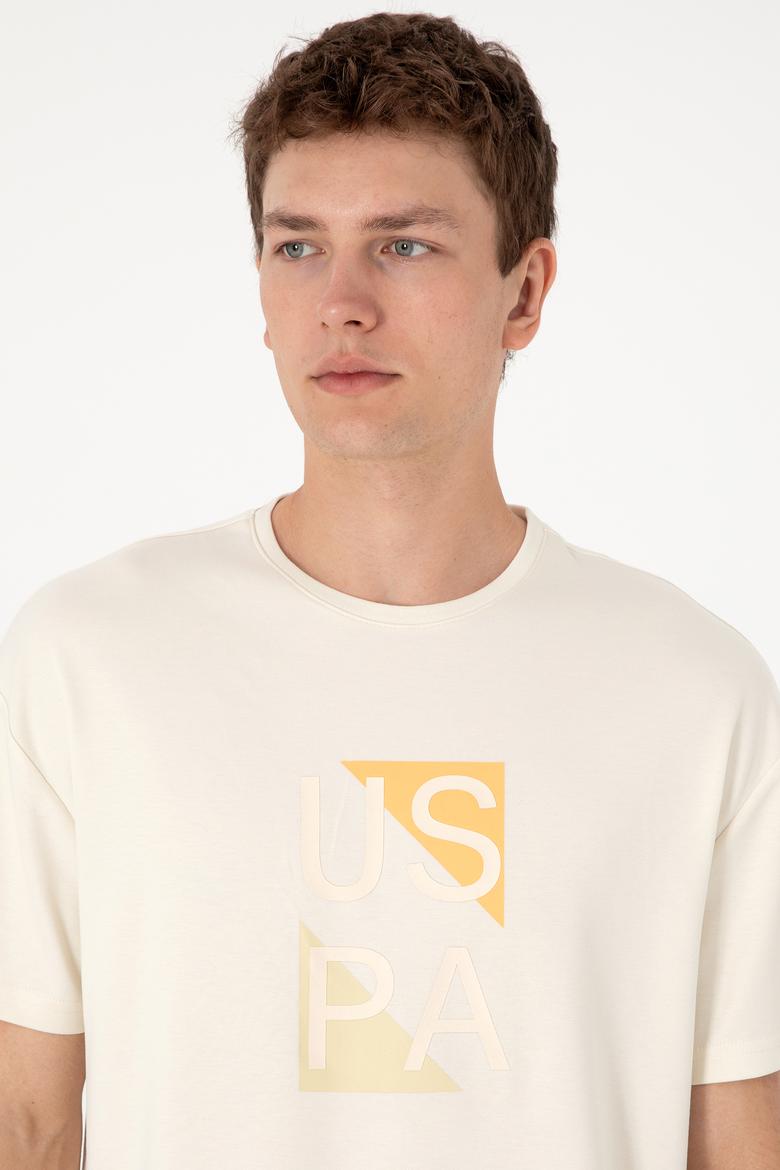 Erkek Comfort Fit Krem Bisiklet Yaka Tişört - 50299882027