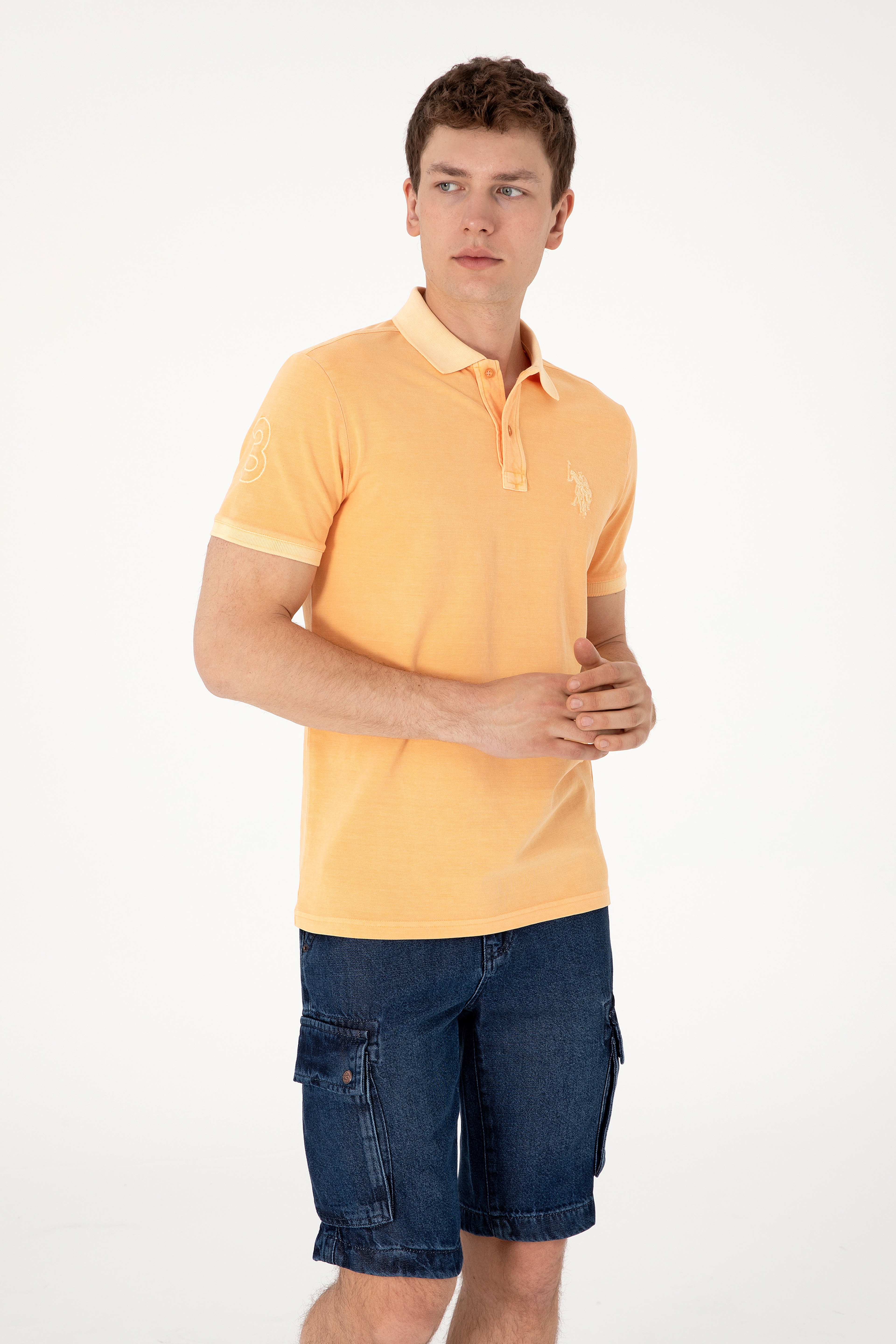 Erkek Slim Fit Polo Yaka Kavun Yıkamalı Basic Tişört