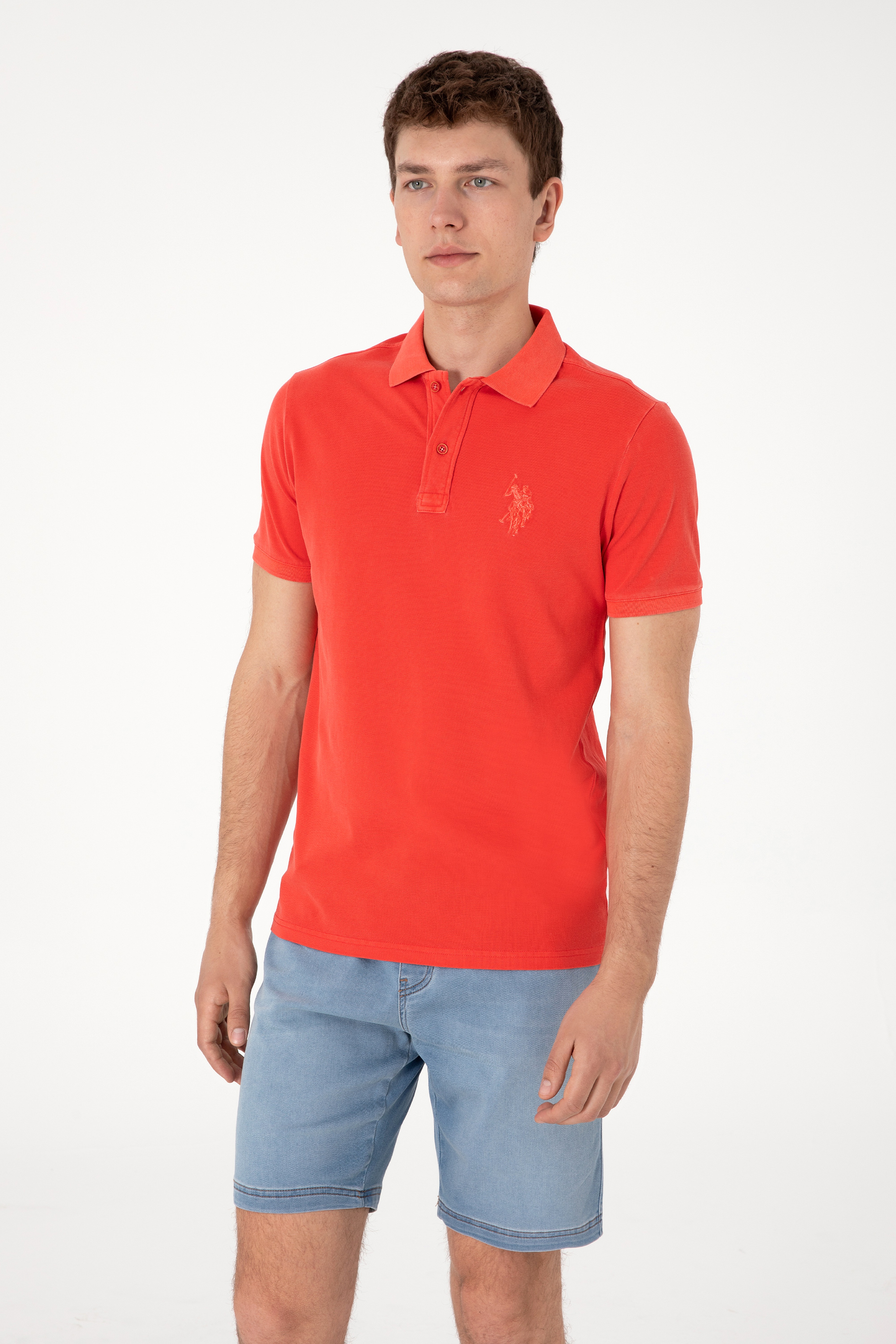 Erkek Slim Fit Polo Yaka Kırmızı Yıkamalı Basic Tişört - Image 3