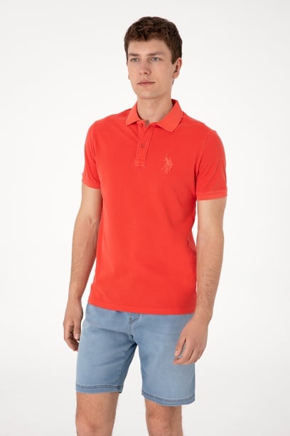 Erkek Slim Fit Polo Yaka Kırmızı Yıkamalı Basic Tişört