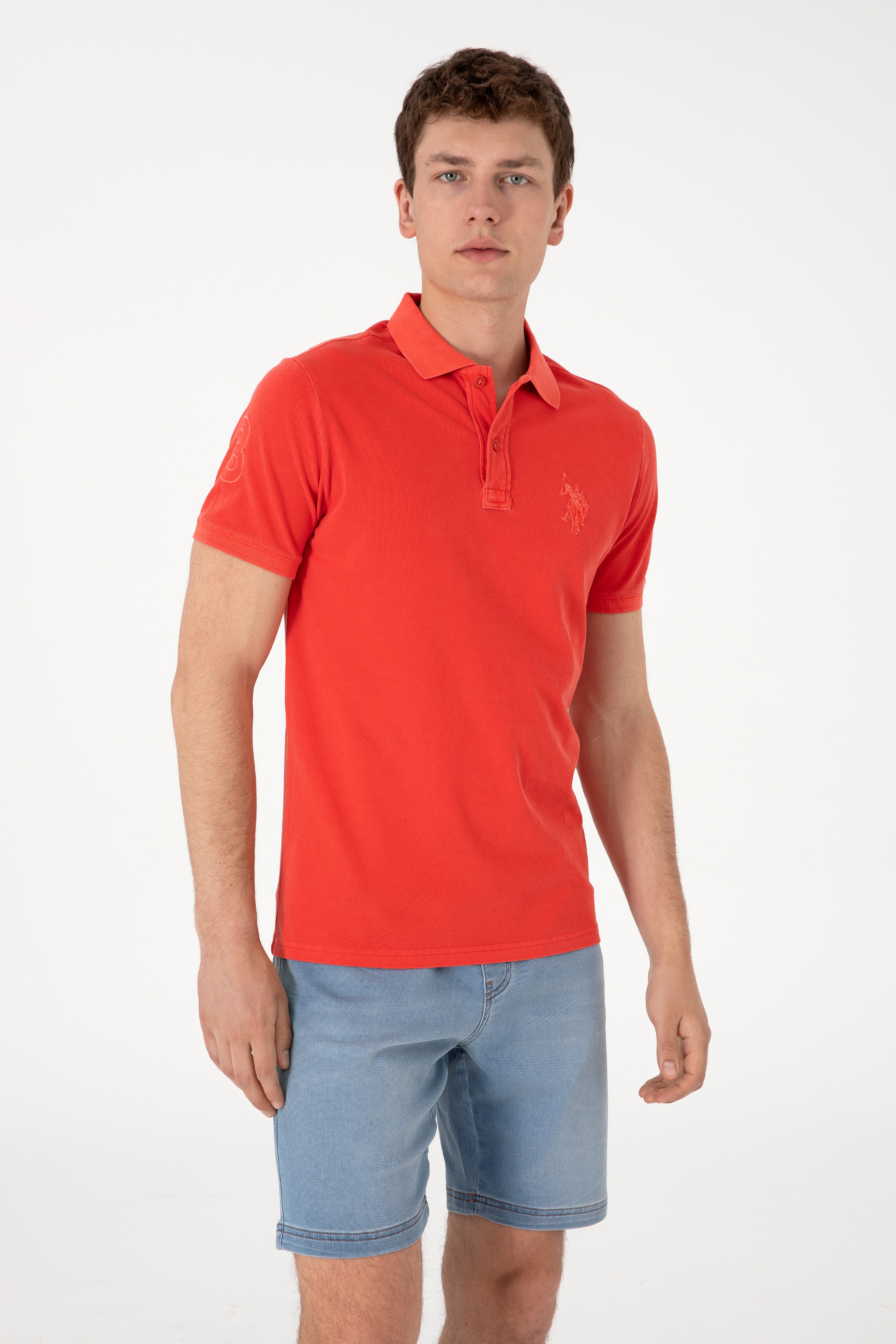 Erkek Slim Fit Polo Yaka Kırmızı Yıkamalı Basic Tişört - Image 1