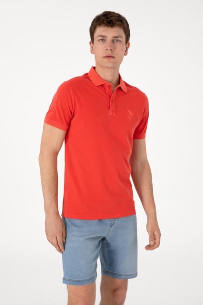 Erkek Slim Fit Polo Yaka Kırmızı Yıkamalı Basic Tişört