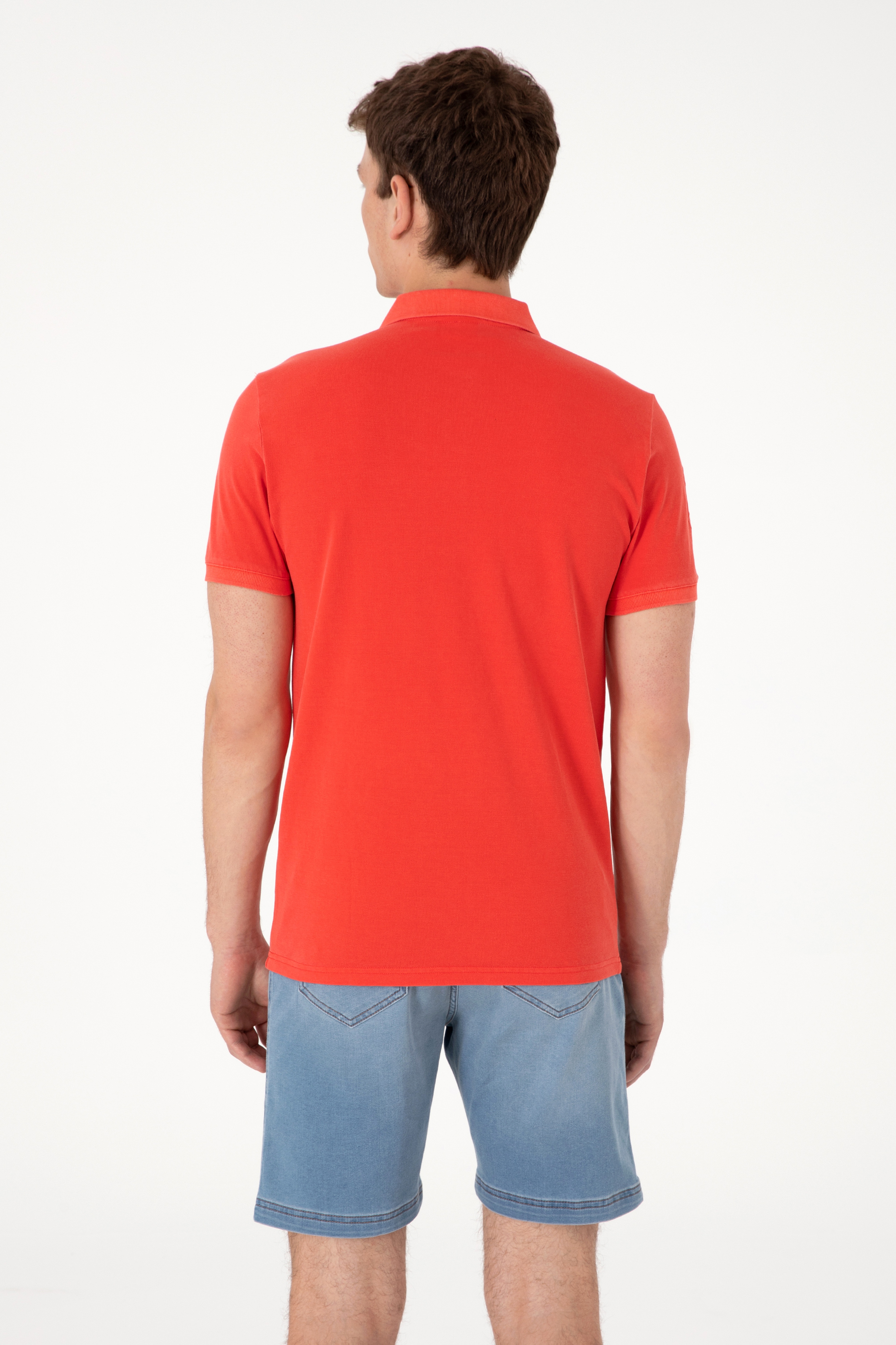 Erkek Slim Fit Polo Yaka Kırmızı Yıkamalı Basic Tişört - Image 5