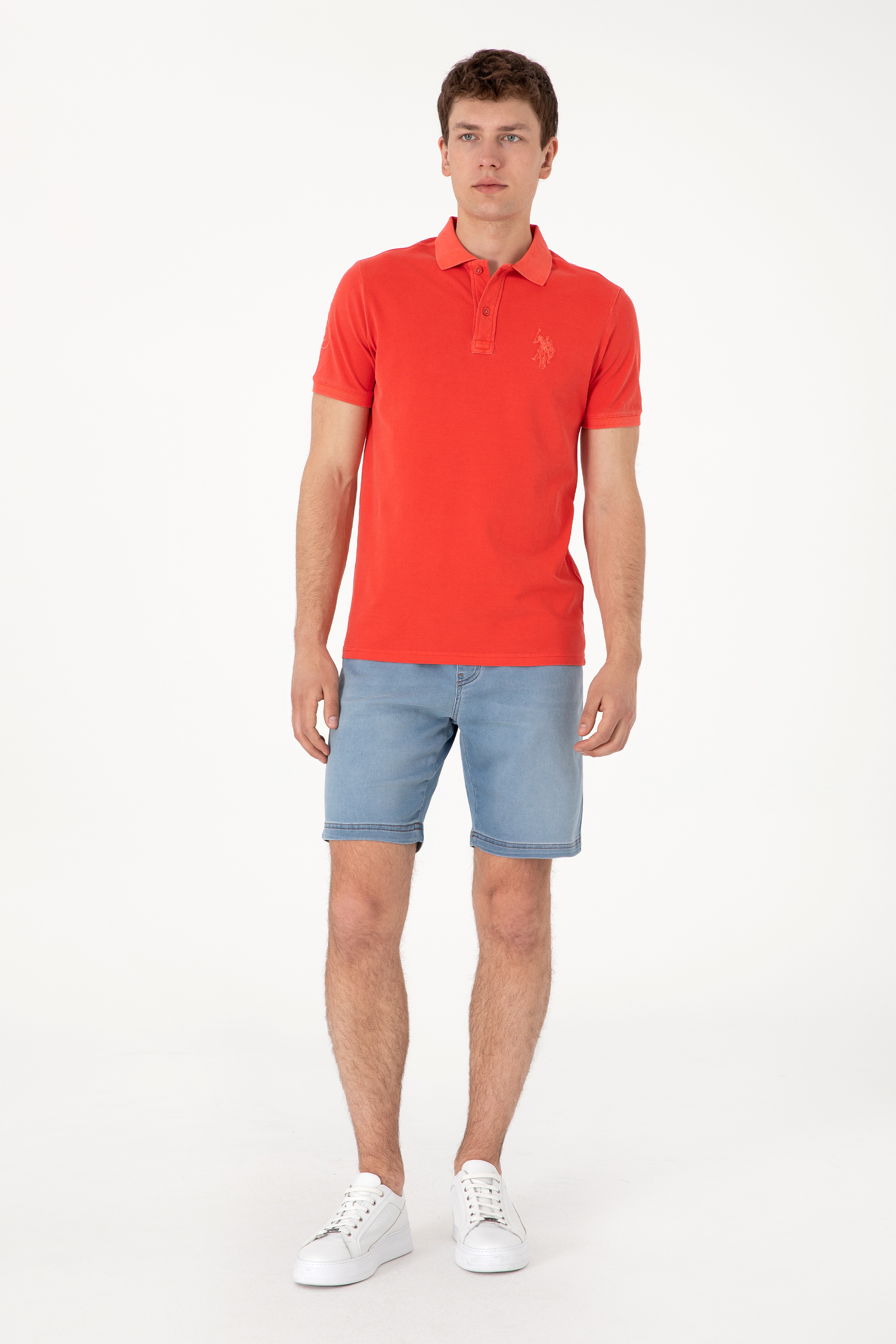Erkek Slim Fit Polo Yaka Kırmızı Yıkamalı Basic Tişört - Image 4