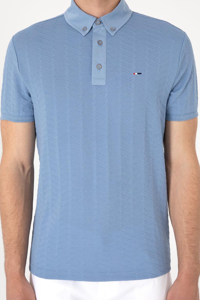 Erkek Slim Fit Polo Yaka Mavi Dokulu Tişört - 50300104018