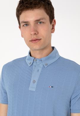 Erkek Slim Fit Polo Yaka Mavi Dokulu Tişört - 50300104018