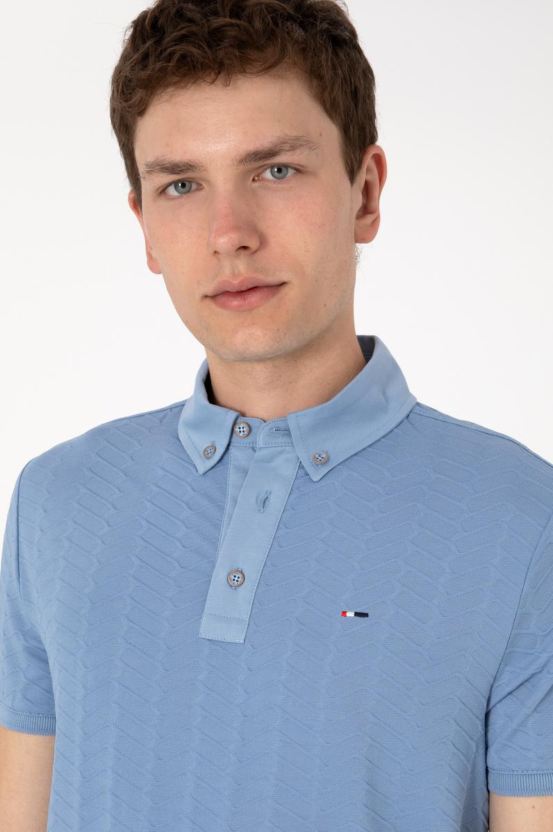 Erkek Slim Fit Polo Yaka Mavi Dokulu Tişört