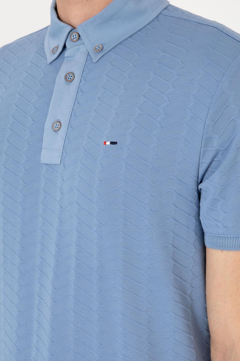 Erkek Slim Fit Polo Yaka Mavi Dokulu Tişört