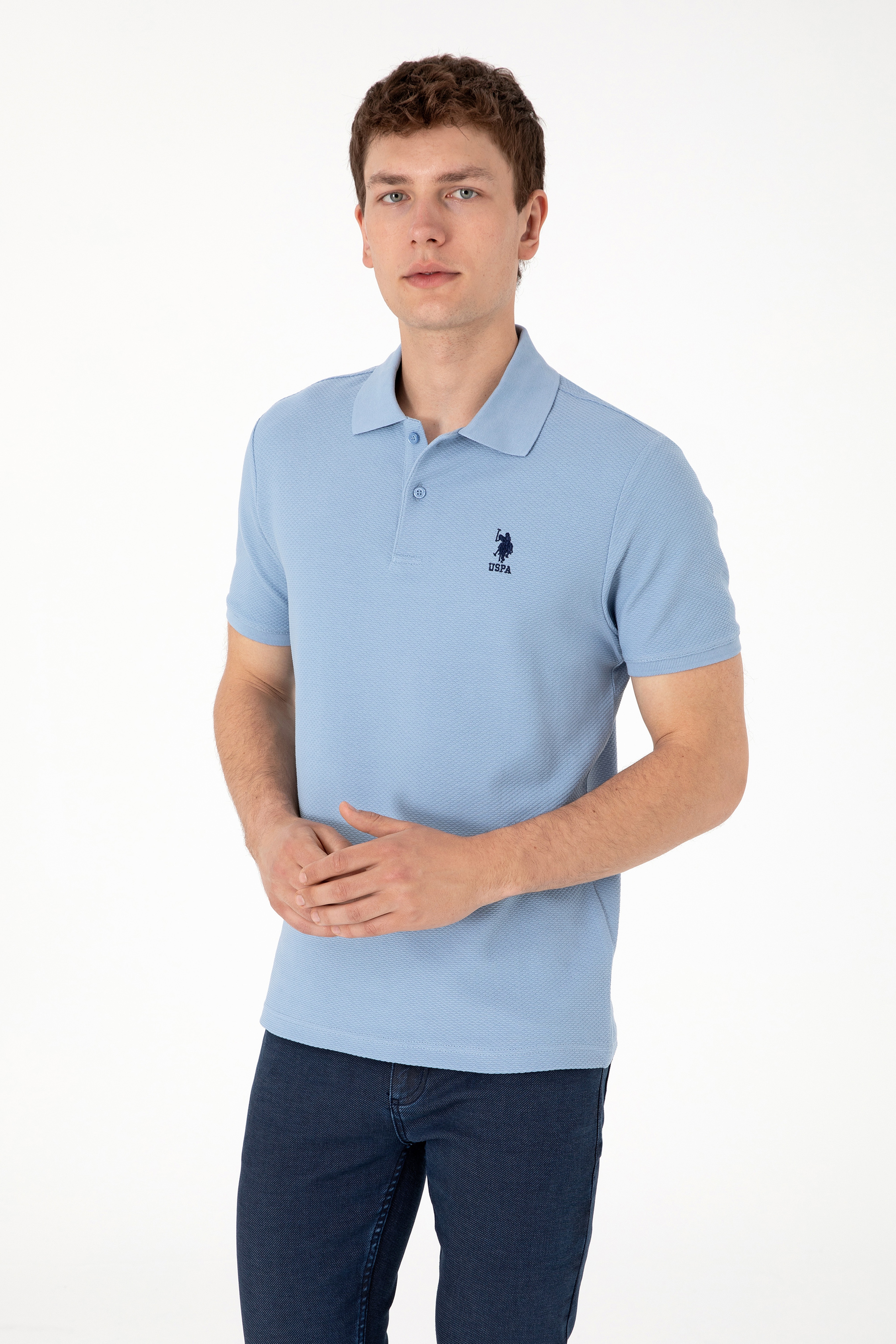 Erkek Regular Fit Polo Yaka Mavi Dokulu Tişört - Image 3