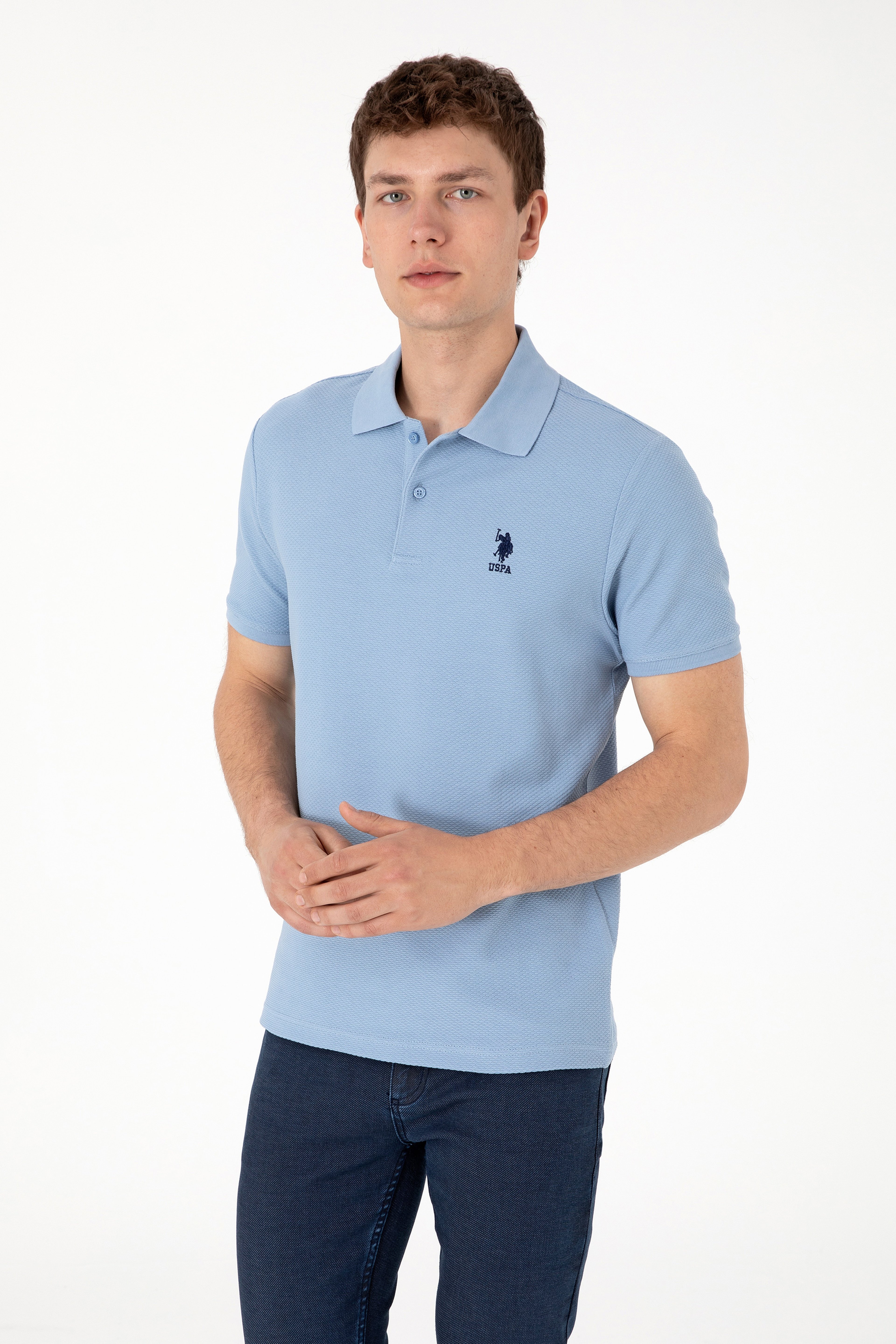 Erkek Regular Fit Polo Yaka Mavi Dokulu Tişört