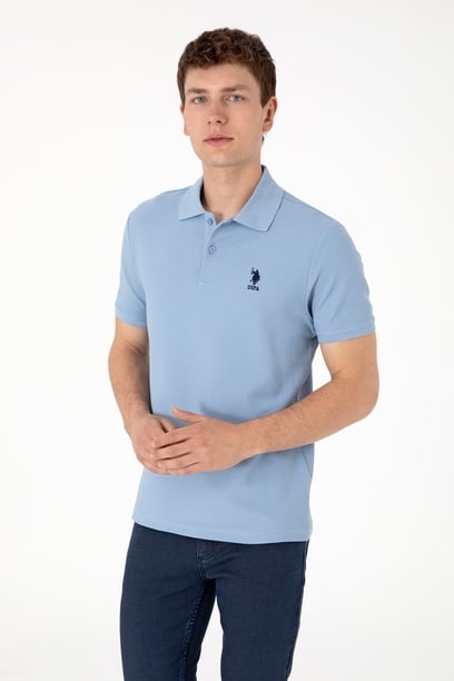 Erkek Regular Fit Polo Yaka Mavi Dokulu Tişört