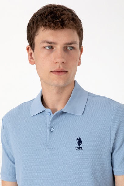 Erkek Regular Fit Polo Yaka Mavi Dokulu Tişört