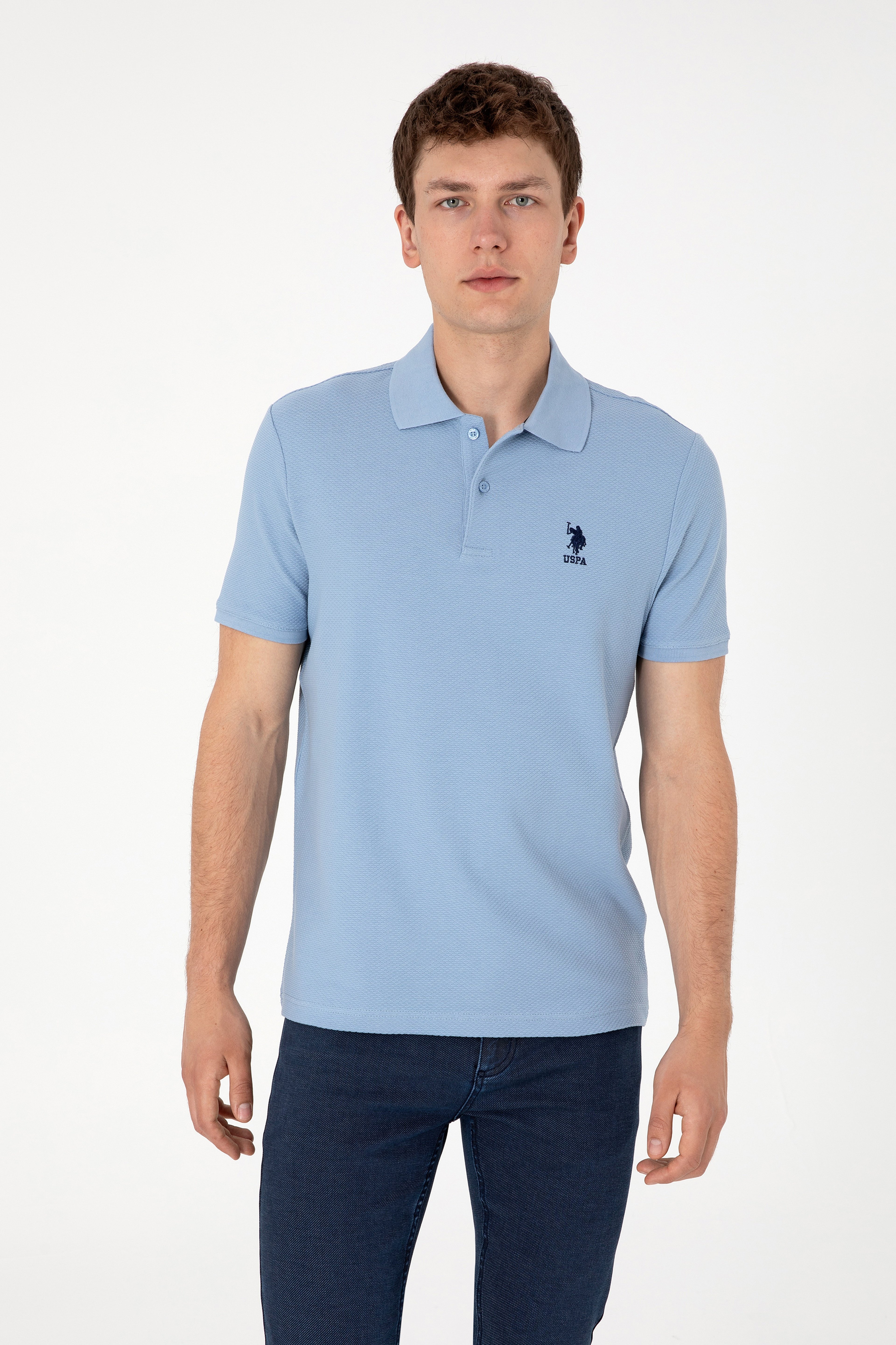 Erkek Regular Fit Polo Yaka Mavi Dokulu Tişört - Image 1