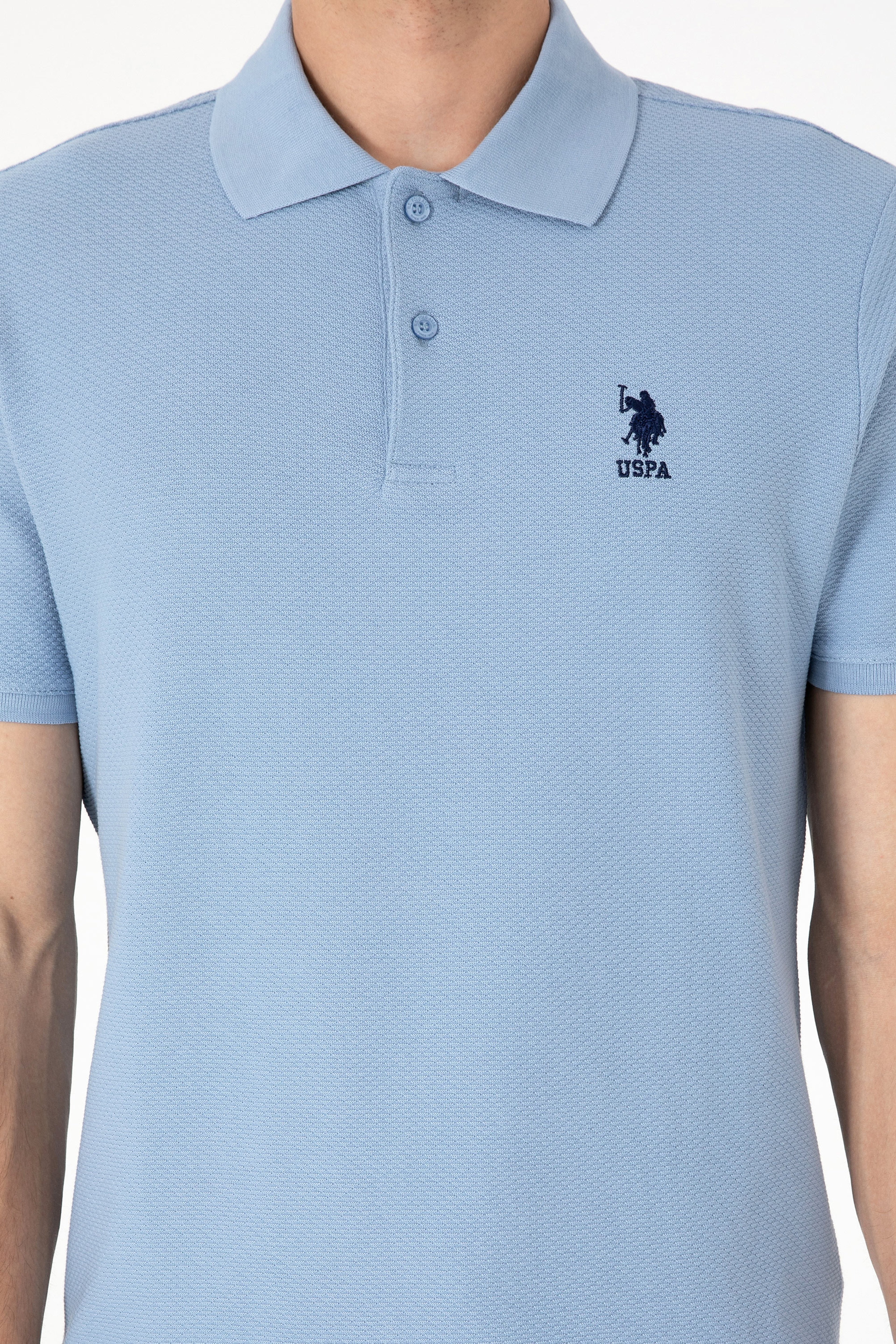 Erkek Regular Fit Polo Yaka Mavi Dokulu Tişört