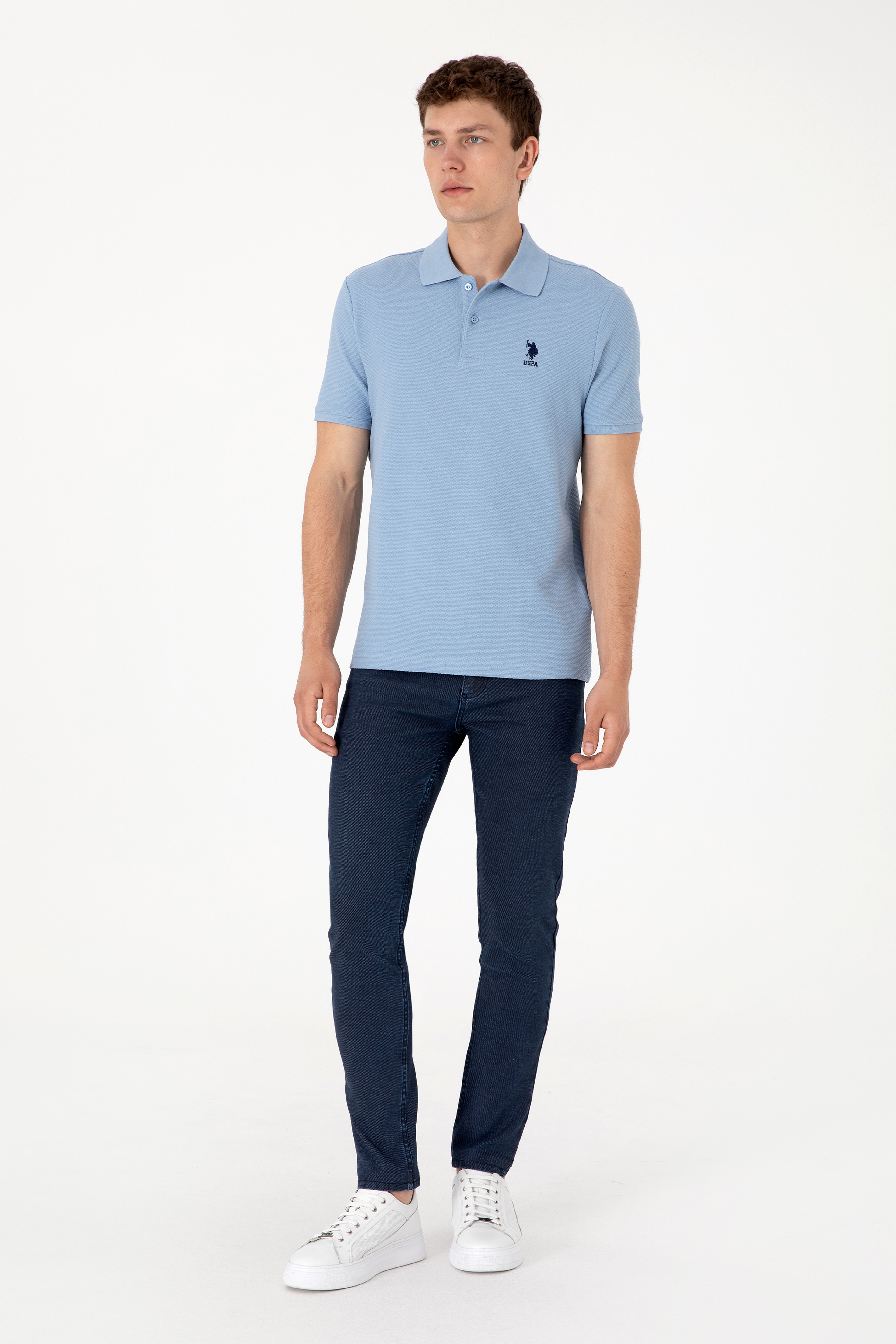 Erkek Regular Fit Polo Yaka Mavi Dokulu Tişört