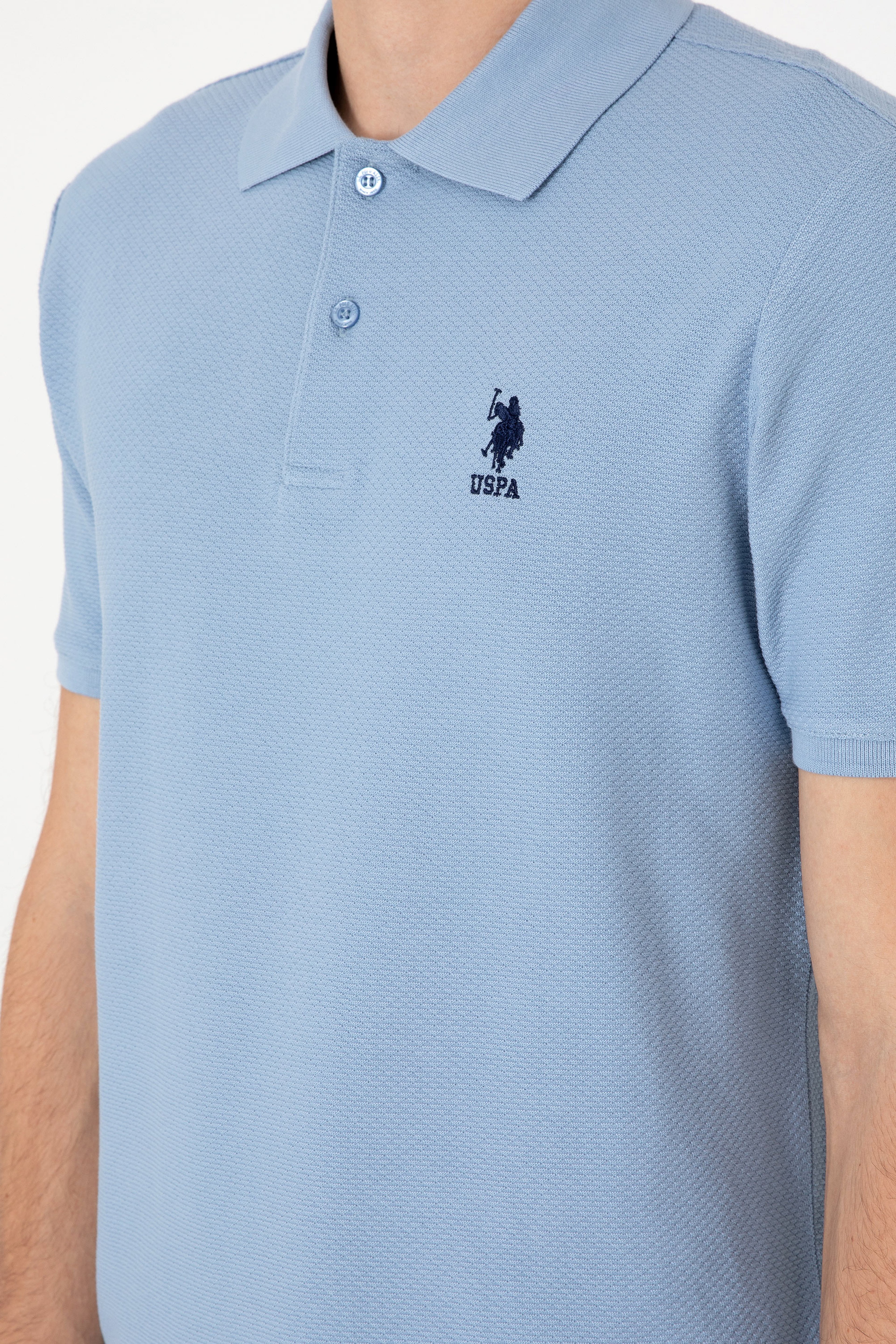 Erkek Regular Fit Polo Yaka Mavi Dokulu Tişört - Image 7