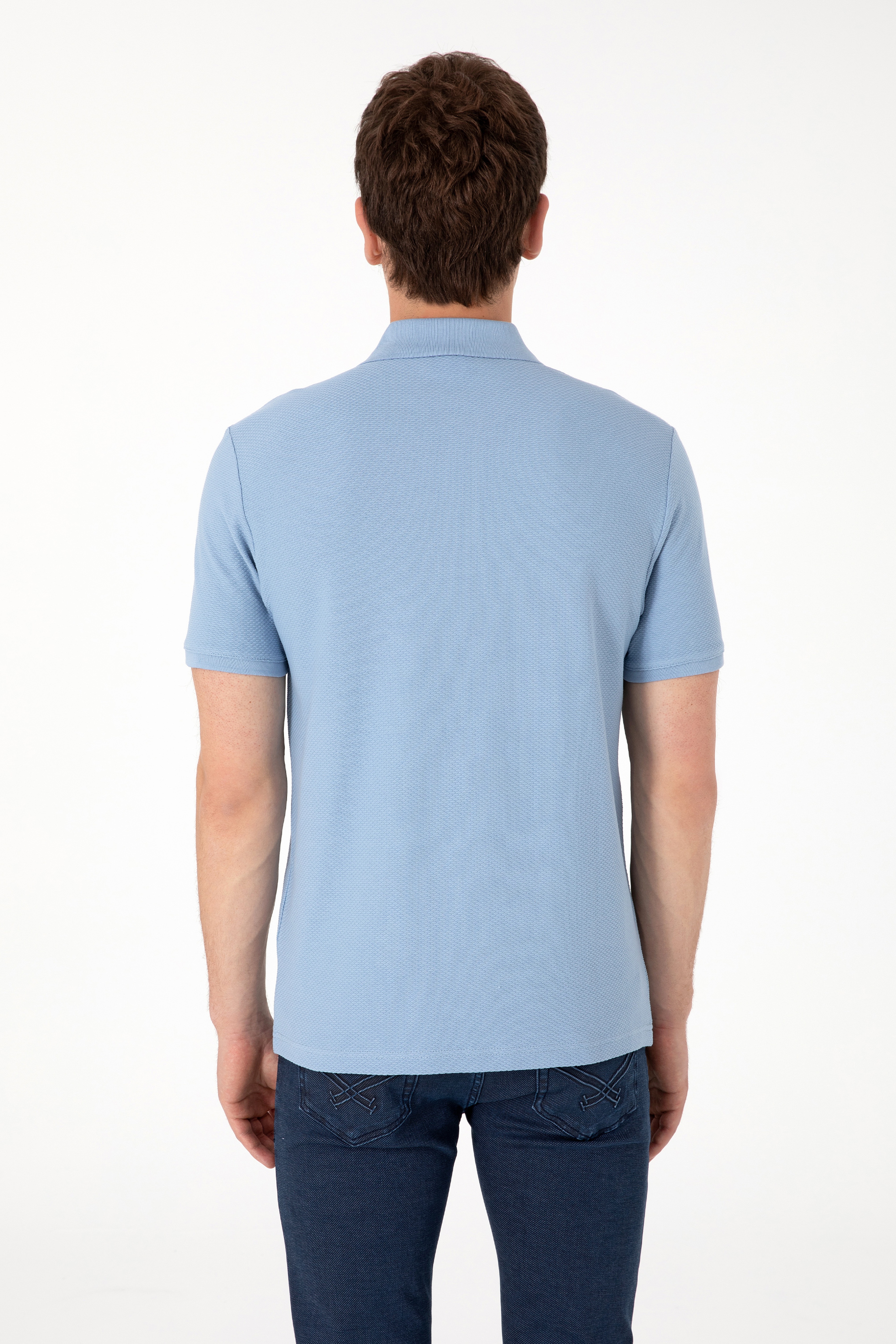Erkek Regular Fit Polo Yaka Mavi Dokulu Tişört - Image 5
