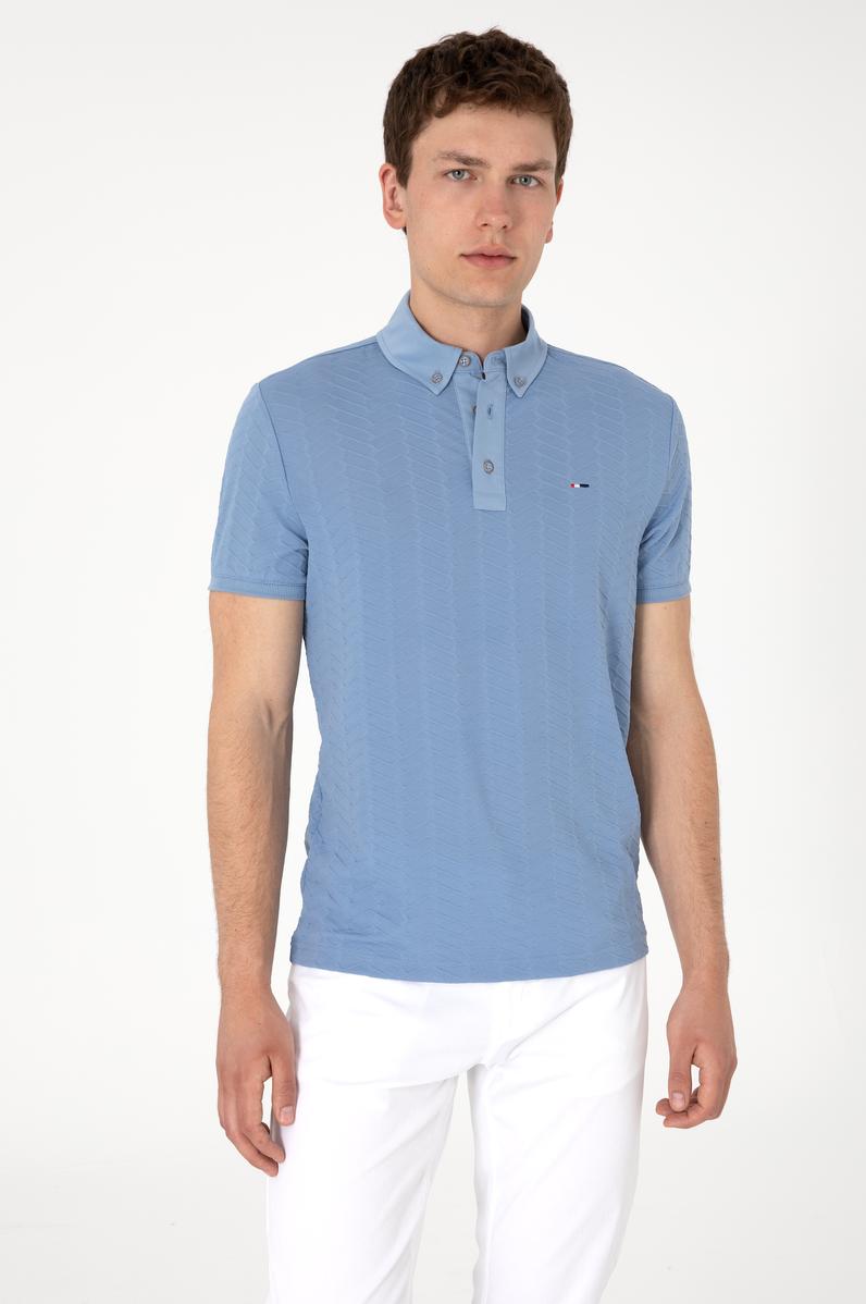 Erkek Slim Fit Polo Yaka Mavi Dokulu Tişört