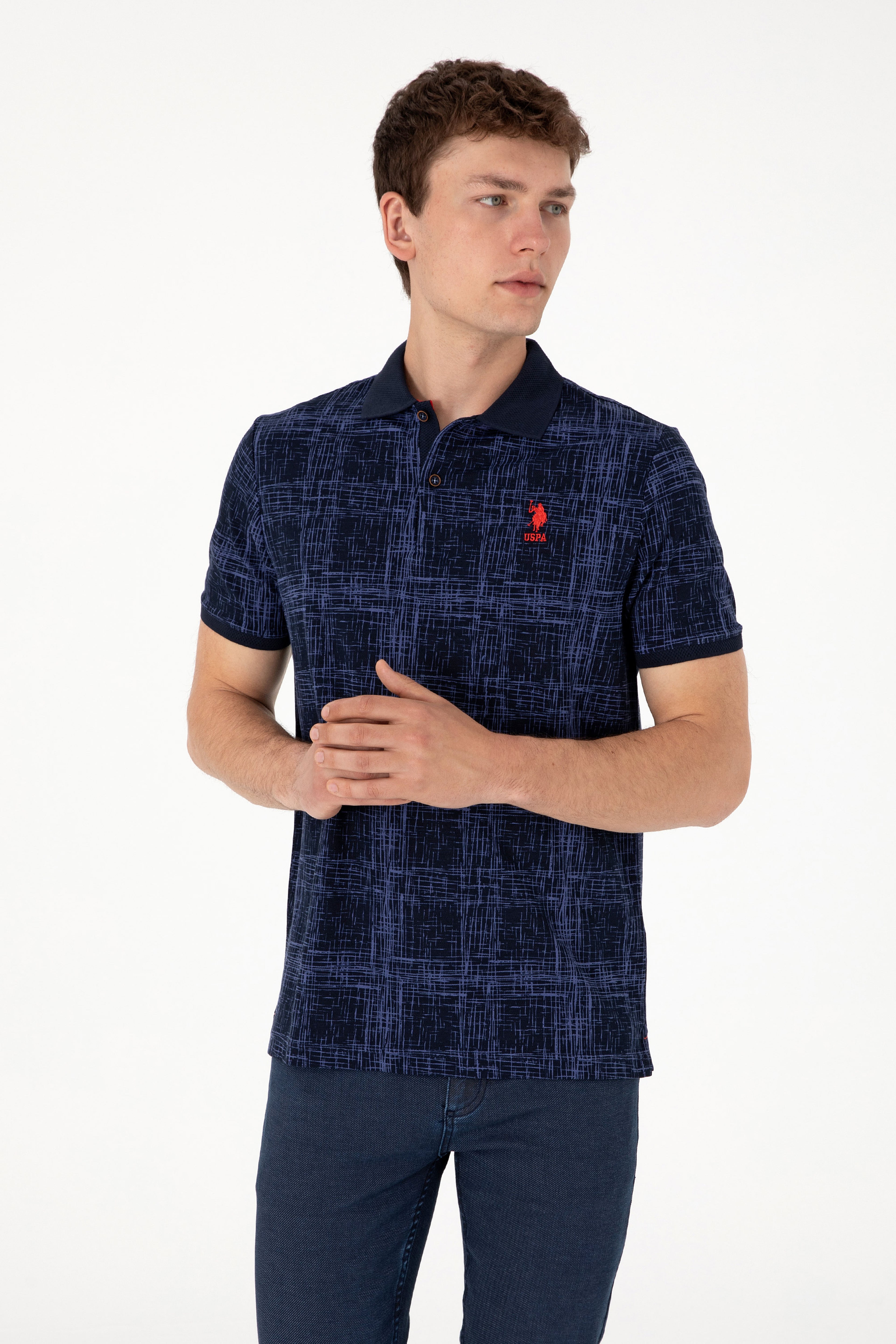 Erkek Regular Fit Polo Yaka Lacivert Desenli Tişört - Image 3