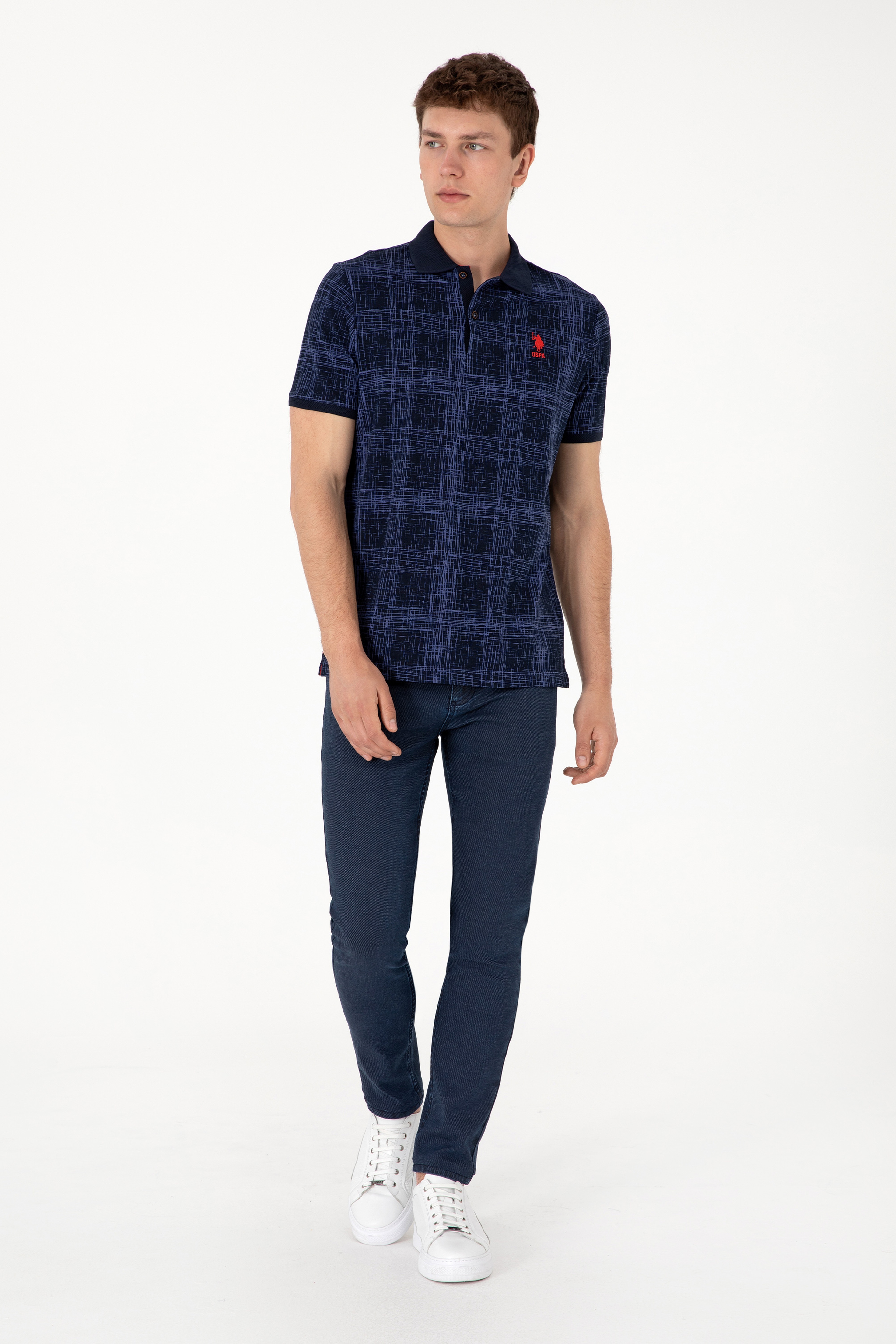 Erkek Regular Fit Polo Yaka Lacivert Desenli Tişört