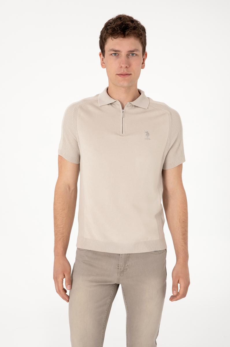 Erkek Slim Fit Fermuarlı Taş Triko Tişört