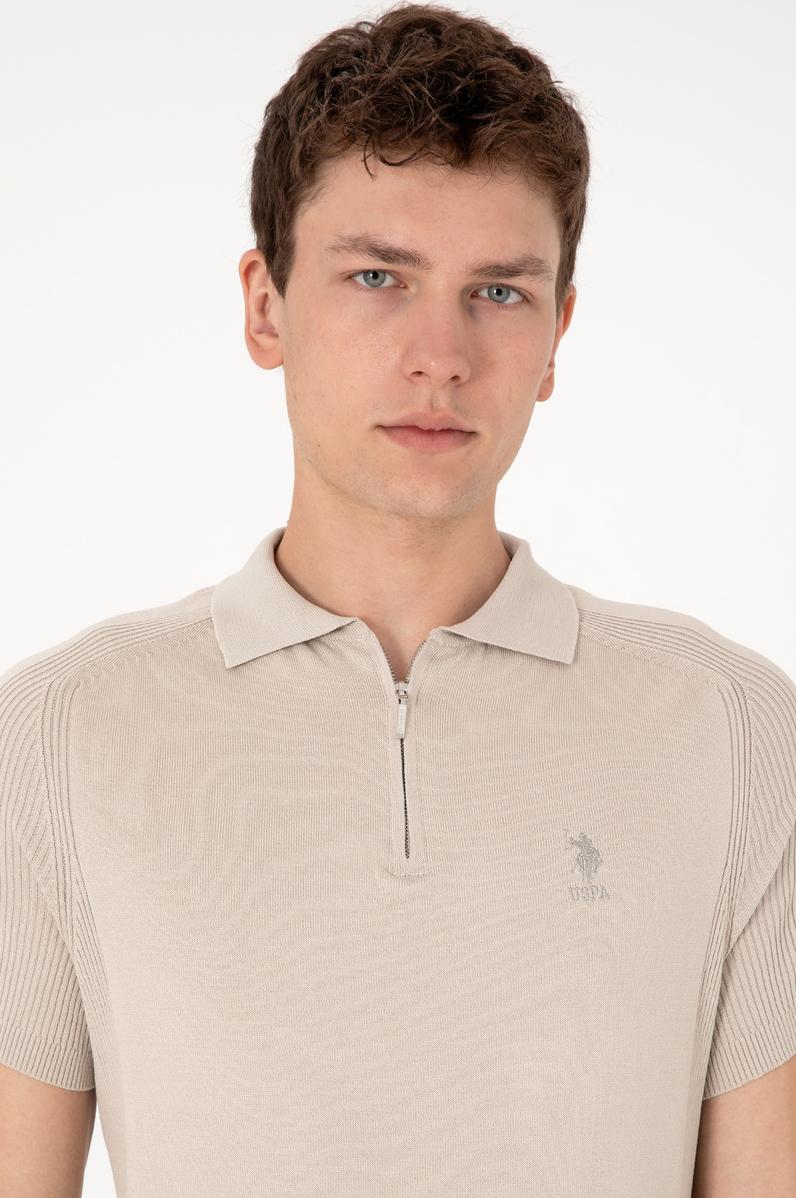 Erkek Slim Fit Fermuarlı Taş Triko Tişört