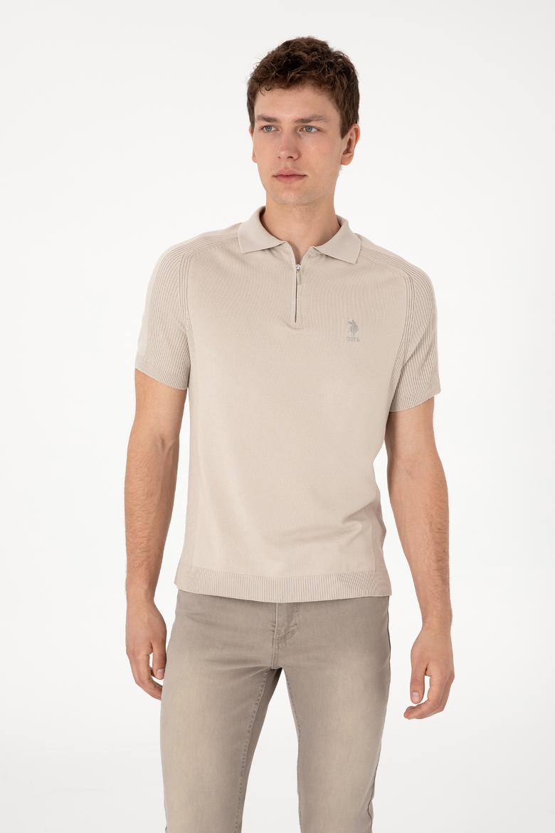 Erkek Slim Fit Fermuarlı Taş Triko Tişört - 50299365034