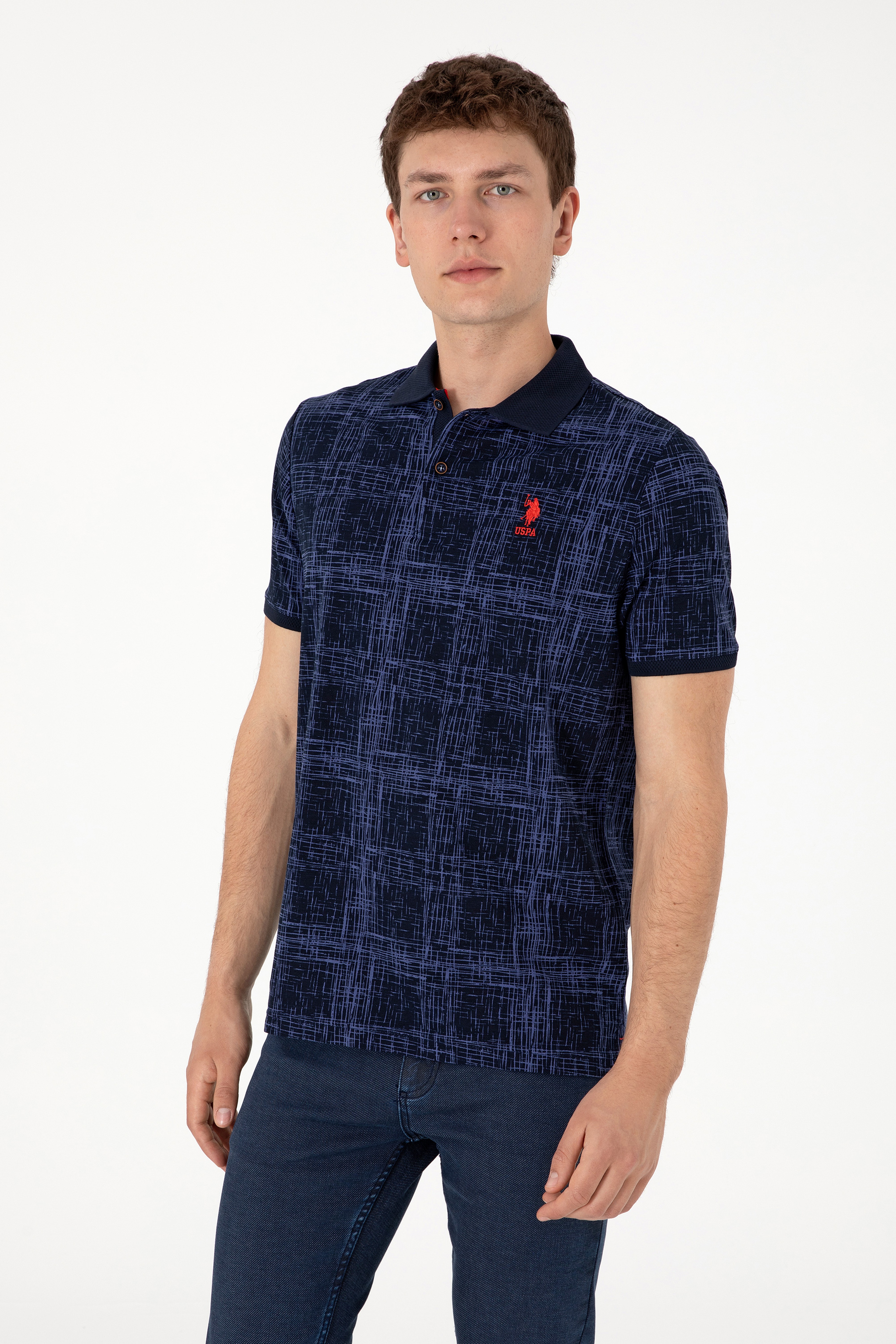 Erkek Regular Fit Polo Yaka Lacivert Desenli Tişört - Image 1