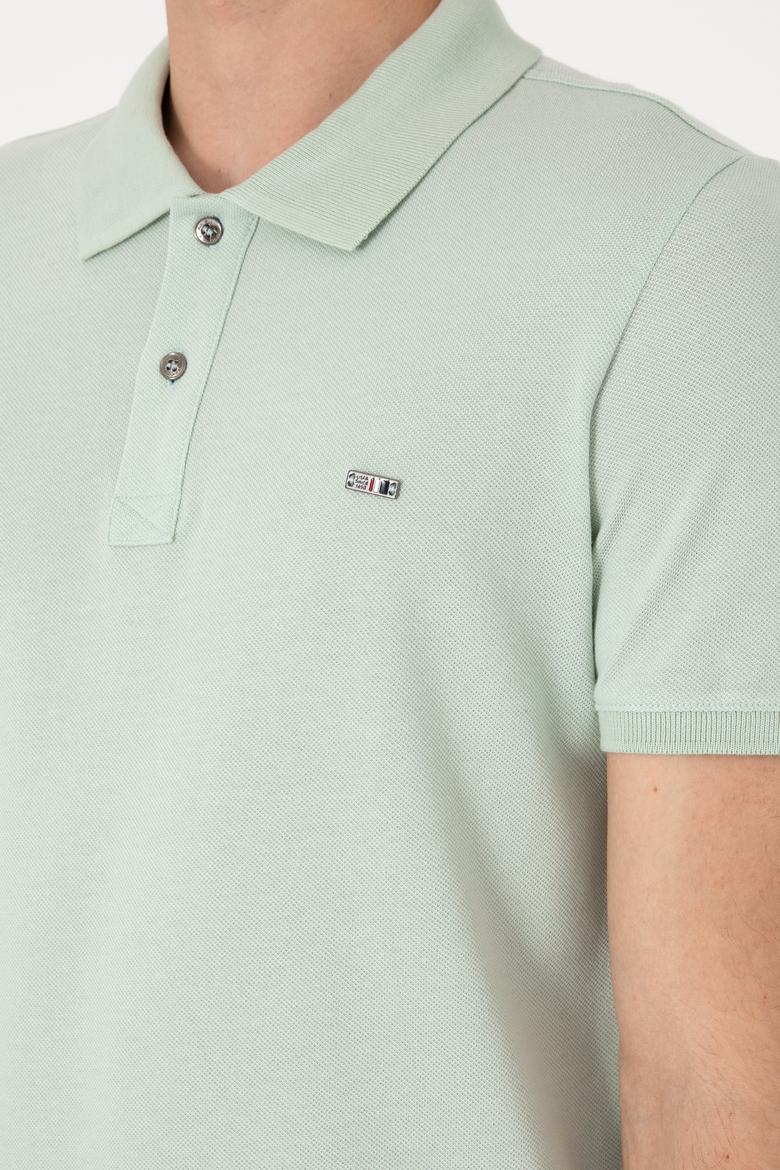 Erkek Slim Fit Polo Yaka Su Yeşili Basic Tişört - 50298042076
