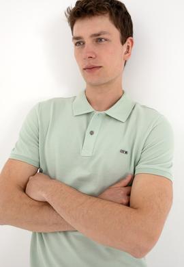 Erkek Slim Fit Polo Yaka Su Yeşili Basic Tişört - 50298042076