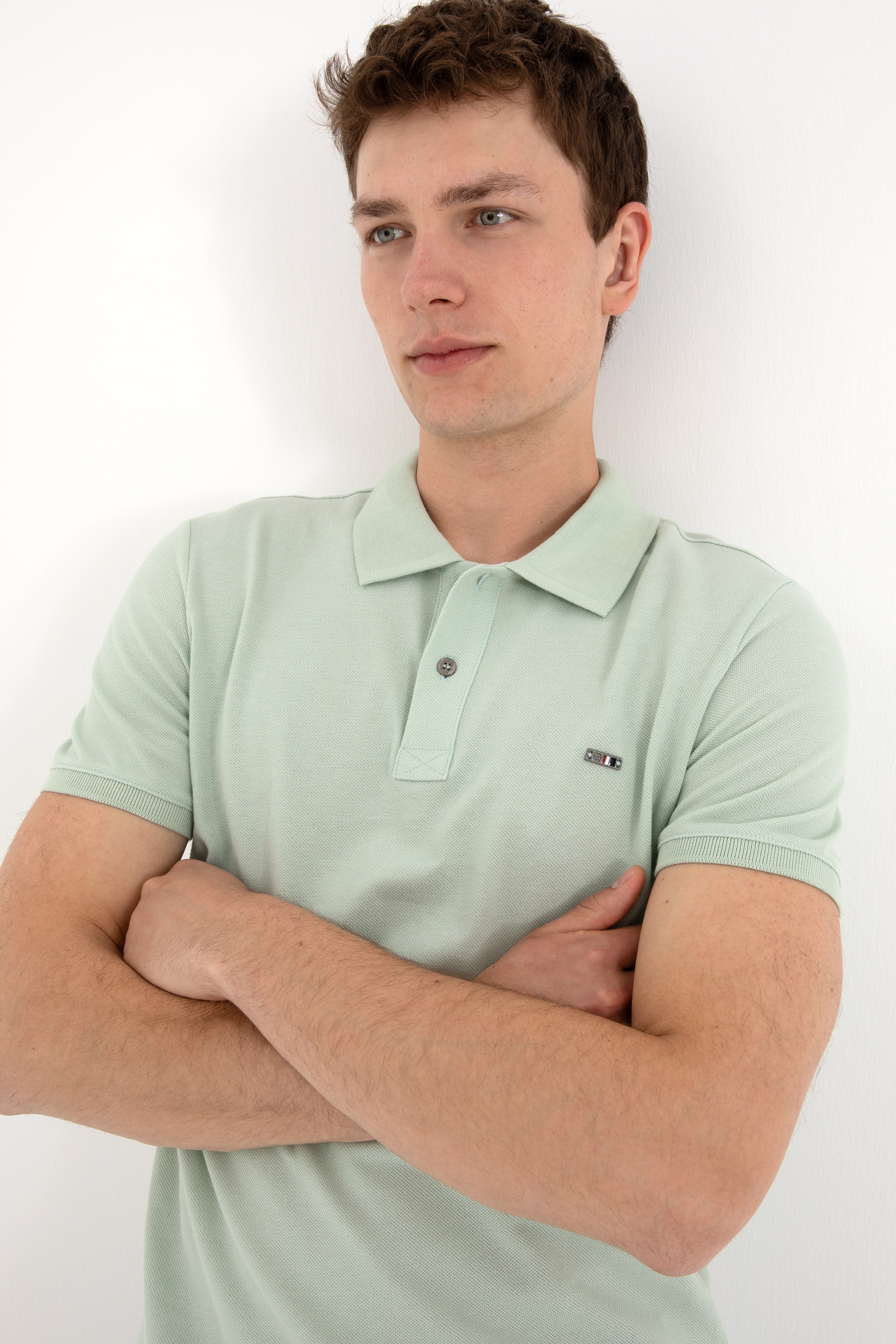 Erkek Slim Fit Polo Yaka Su Yeşili Basic Tişört - Image 2