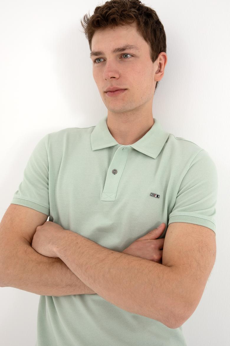Erkek Slim Fit Polo Yaka Su Yeşili Basic Tişört - 50298042076