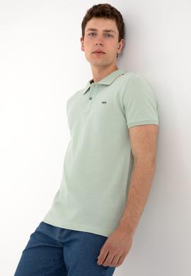 Erkek Slim Fit Polo Yaka Su Yeşili Basic Tişört - 50298042076