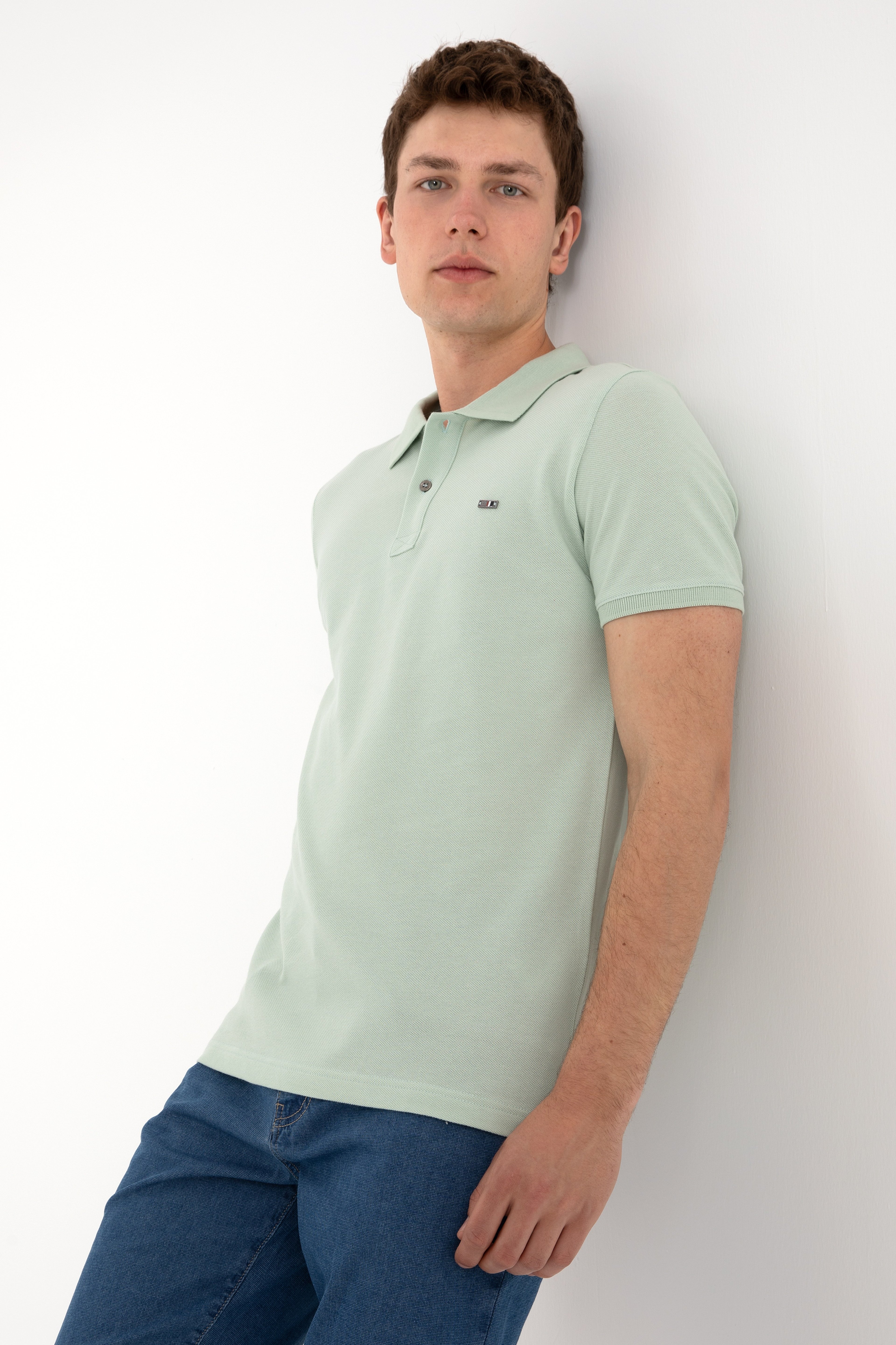 Erkek Slim Fit Polo Yaka Su Yeşili Basic Tişört - Image 3