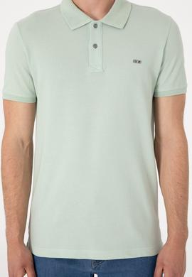 Erkek Slim Fit Polo Yaka Su Yeşili Basic Tişört - 50298042076
