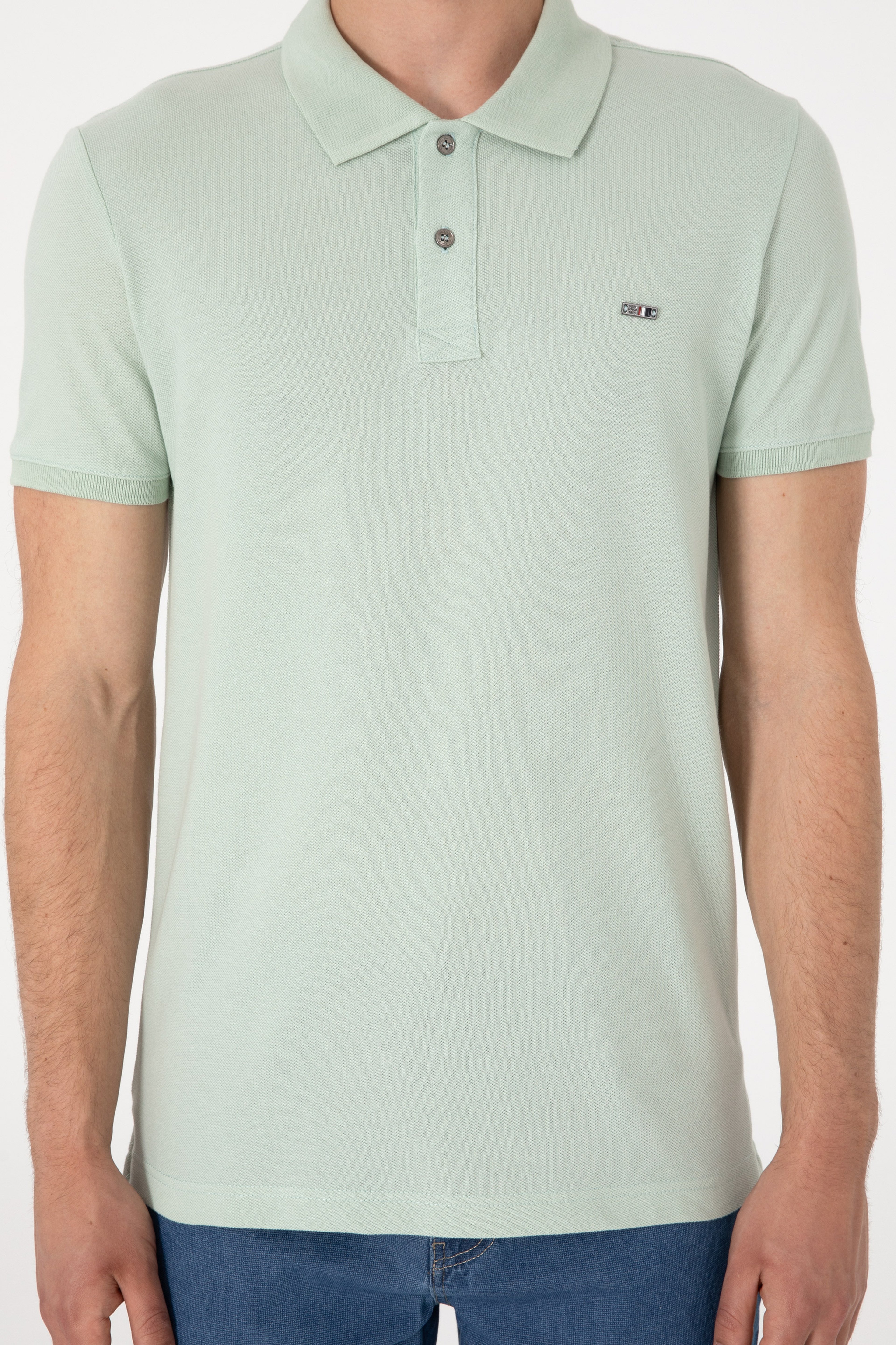 Erkek Slim Fit Polo Yaka Su Yeşili Basic Tişört