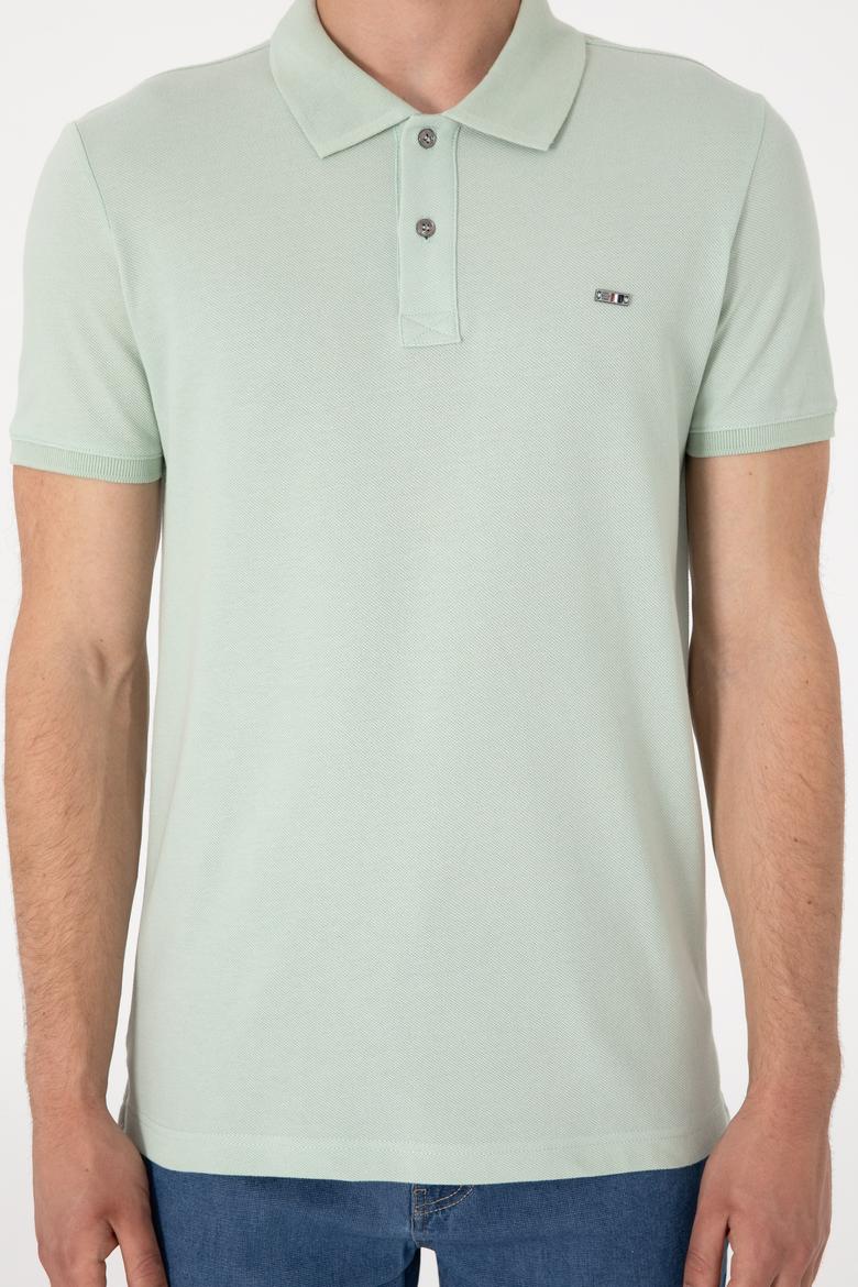 Erkek Slim Fit Polo Yaka Su Yeşili Basic Tişört - 50298042076