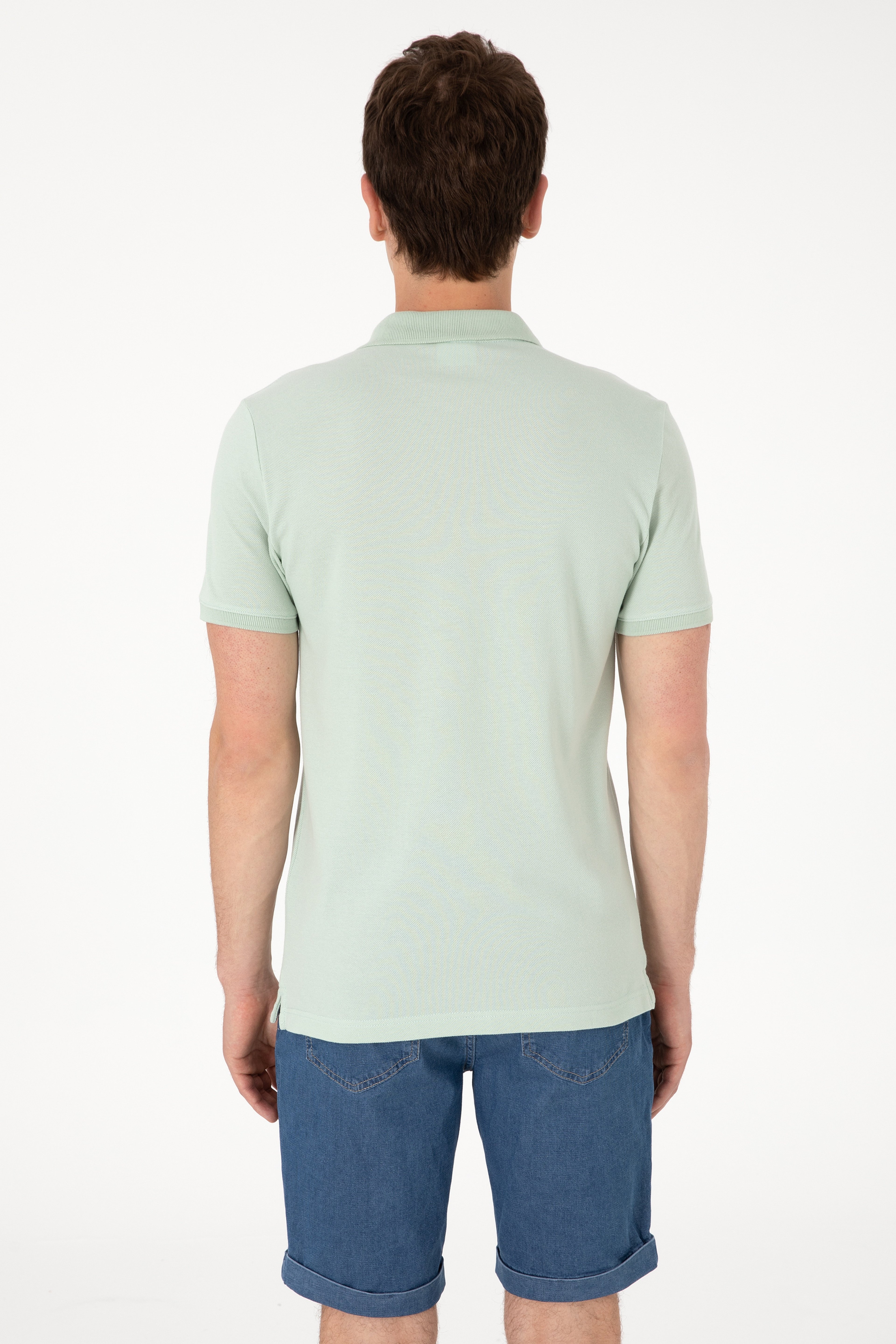Erkek Slim Fit Polo Yaka Su Yeşili Basic Tişört