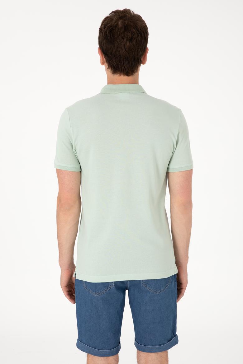 Erkek Slim Fit Polo Yaka Su Yeşili Basic Tişört - 50298042076