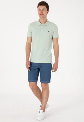 Erkek Slim Fit Polo Yaka Su Yeşili Basic Tişört - 50298042076