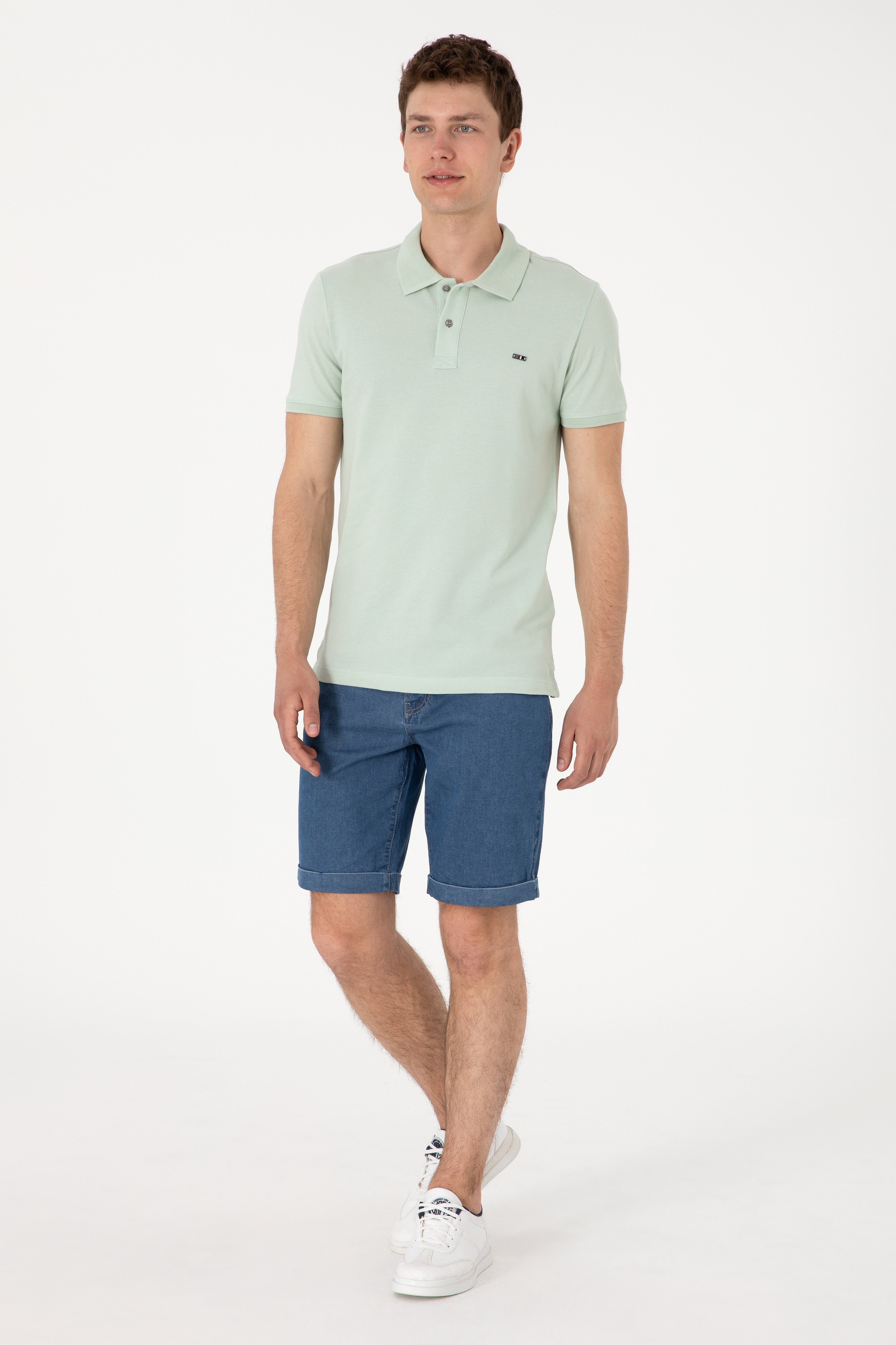 Erkek Slim Fit Polo Yaka Su Yeşili Basic Tişört - Image 4