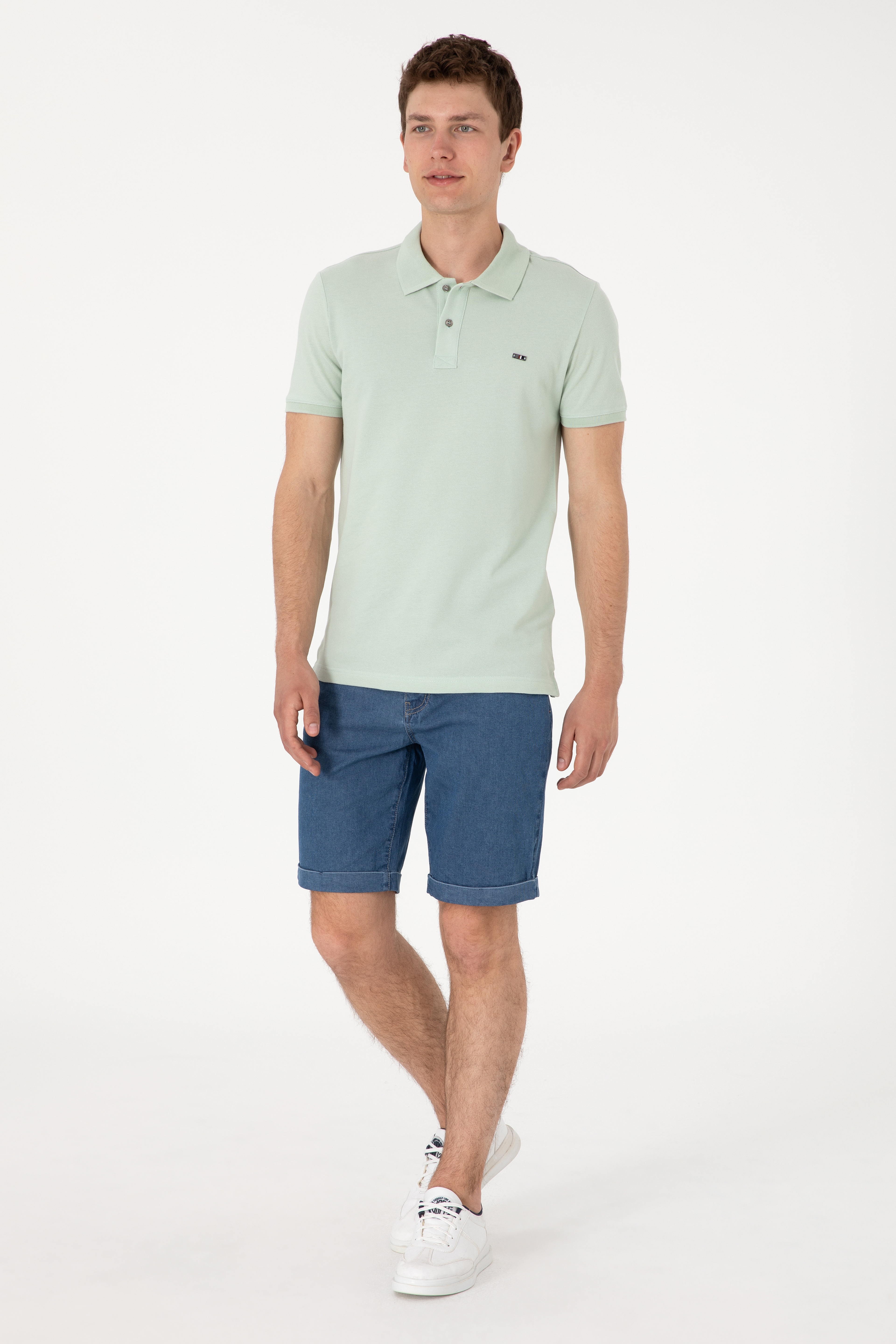 Erkek Slim Fit Polo Yaka Su Yeşili Basic Tişört