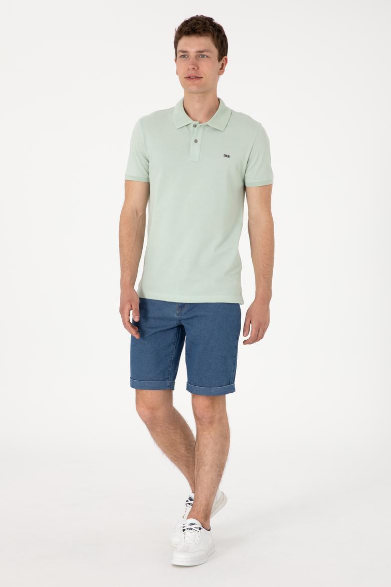 Erkek Slim Fit Polo Yaka Su Yeşili Basic Tişört - 50298042076