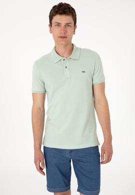 Erkek Slim Fit Polo Yaka Su Yeşili Basic Tişört - 50298042076