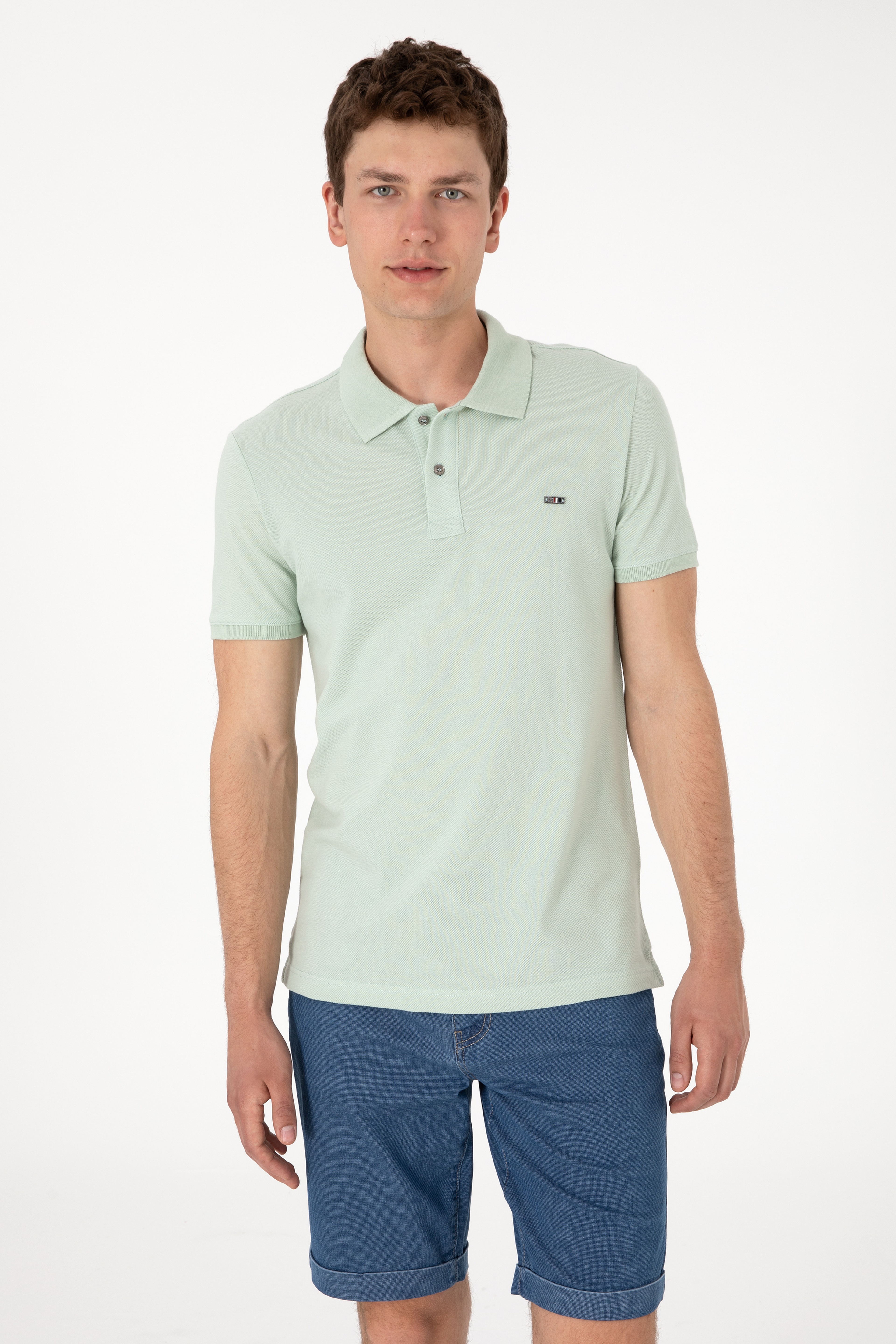 Erkek Slim Fit Polo Yaka Su Yeşili Basic Tişört - Image 1