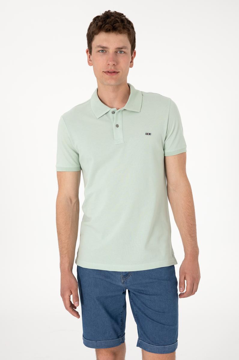 Erkek Slim Fit Polo Yaka Su Yeşili Basic Tişört