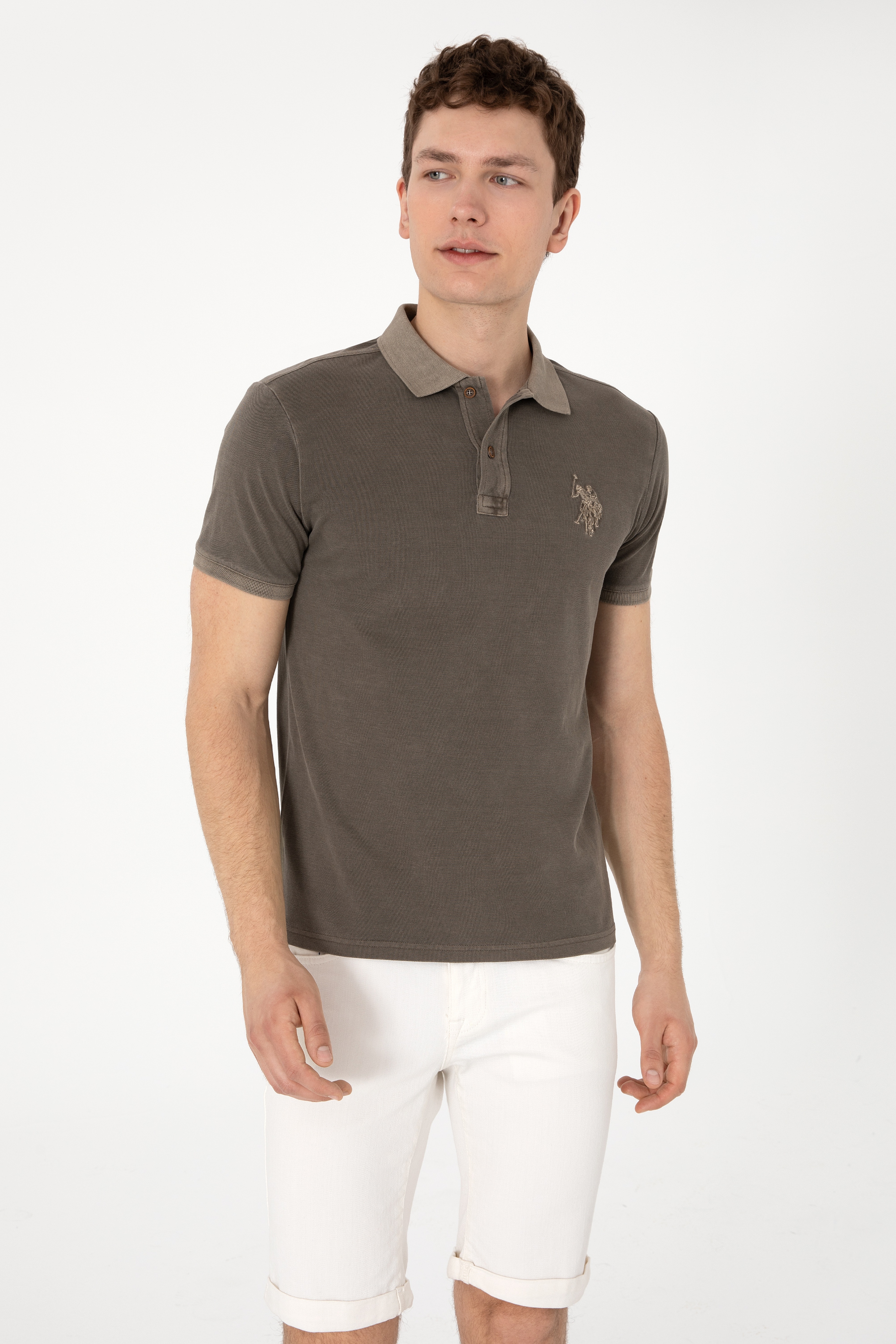Erkek Slim Fit Polo Yaka Vizon Yıkamalı Basic Tişört - Image 3